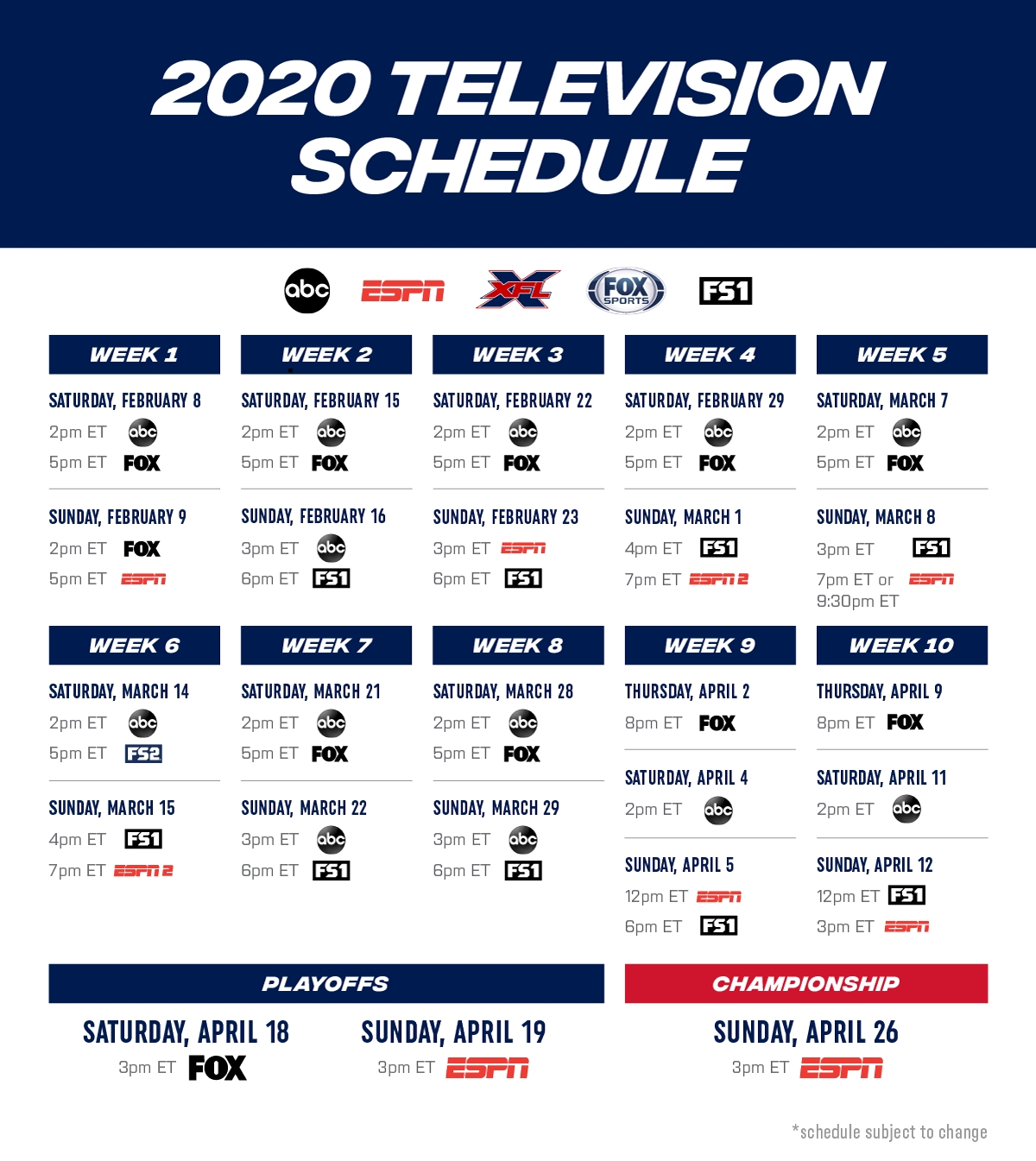 Xfl 2020 Television Schedule Review in Printable 2020 Nfl Playoff Schedule