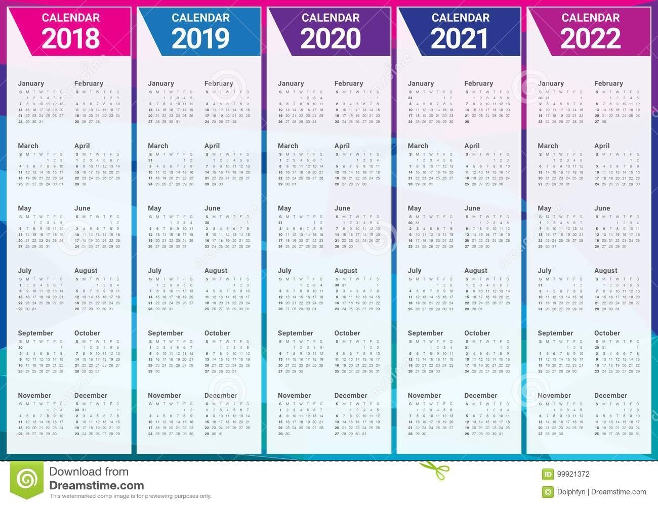 Year 2018 2019 2020 2021 2022 Calendar Vector Stock Vector with 2019 2020 2021 2022 Calendars