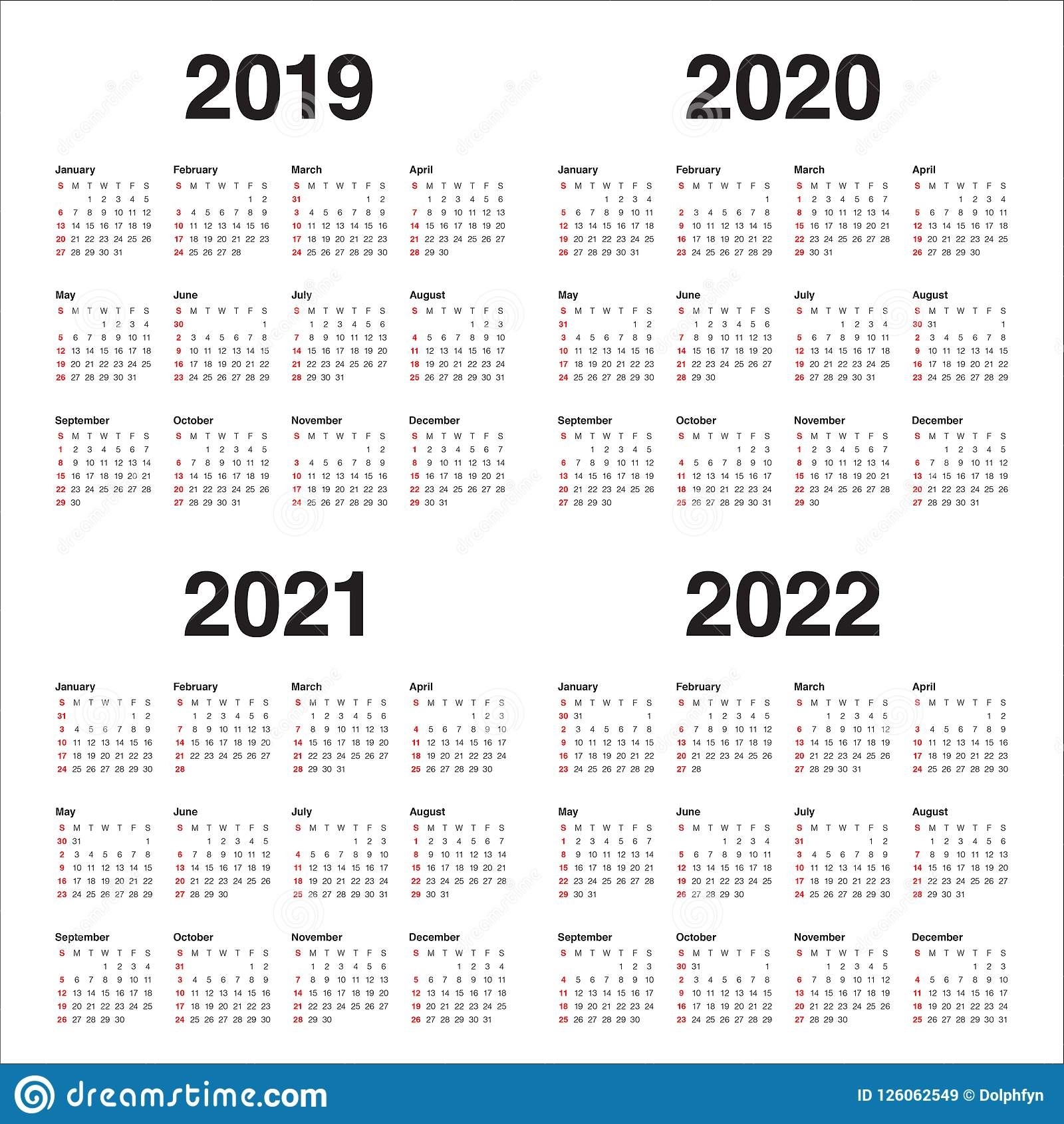 Year 2019 2020 2021 2022 Calendar Vector Design Template in 2019 2022 Year Calendar Printable