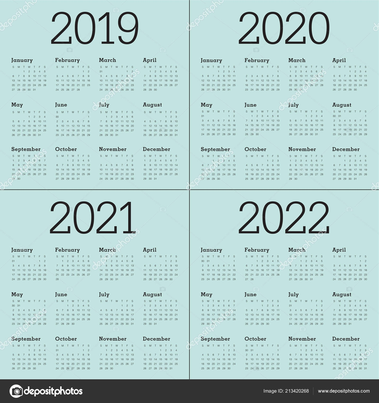 Year 2019 2020 2021 2022 Calendar Vector Design Template with regard to 2019 2020 2021 2022 Calendars