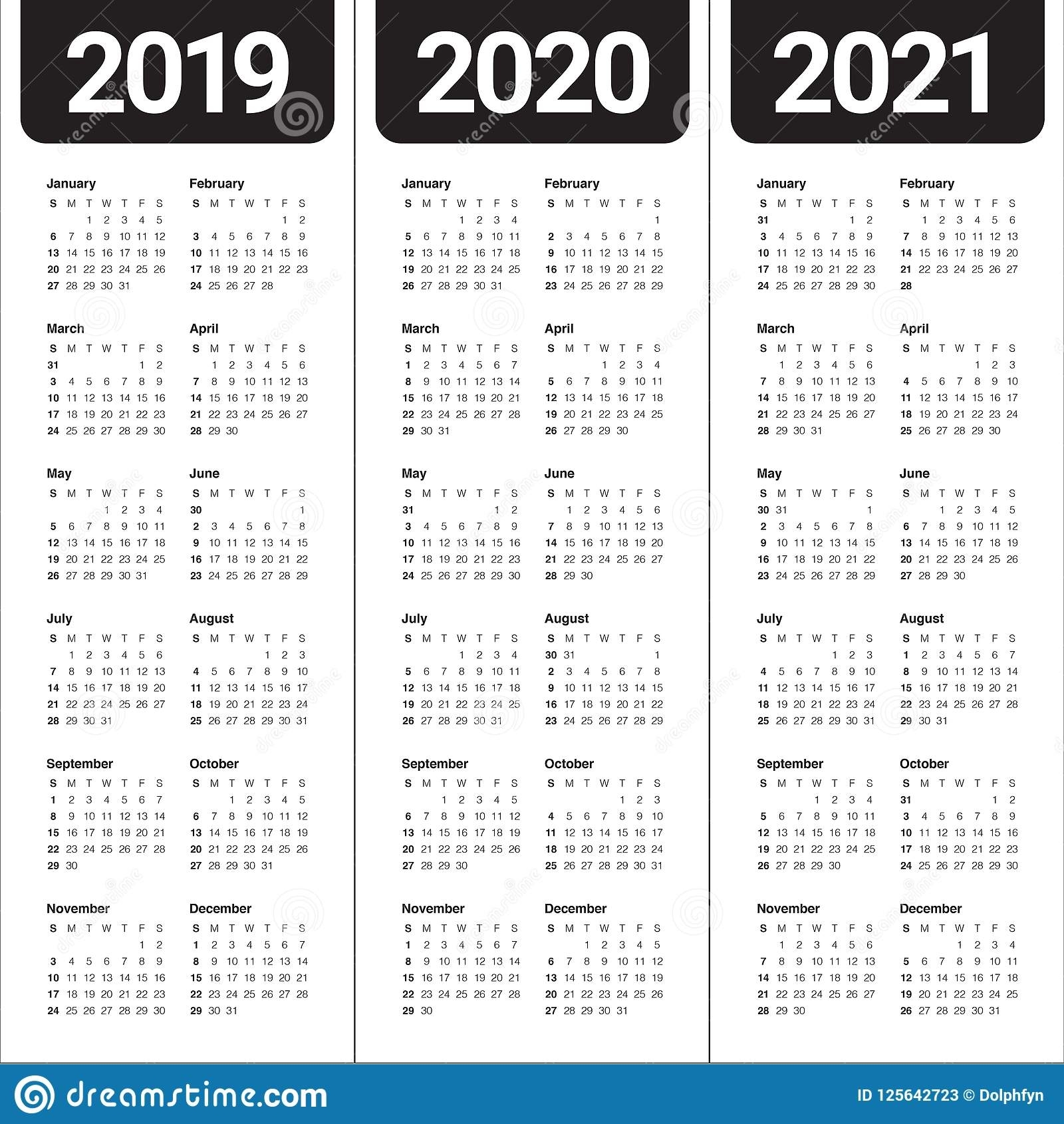 Year 2019 2020 2021 Calendar Vector Design Template Stock within Three-Year Calendar 2019 2020 2021