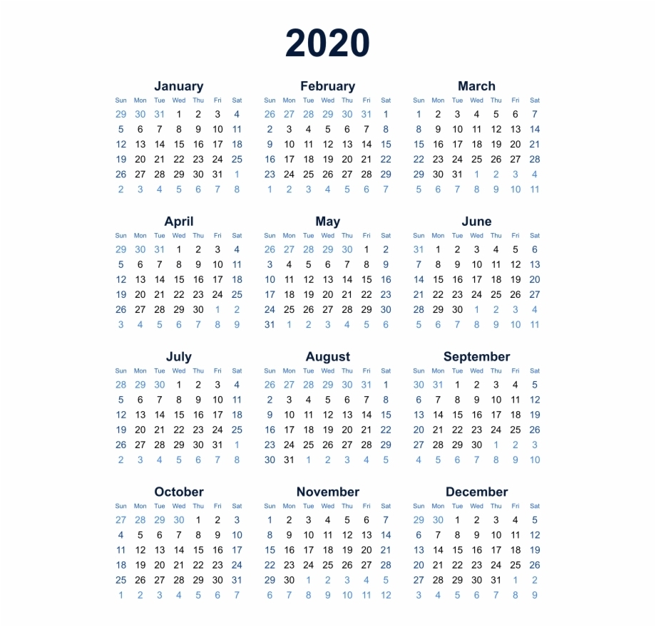 Year At A Glance 2020 - Calendar Inspiration Design with Year At A Glance 2020 Png