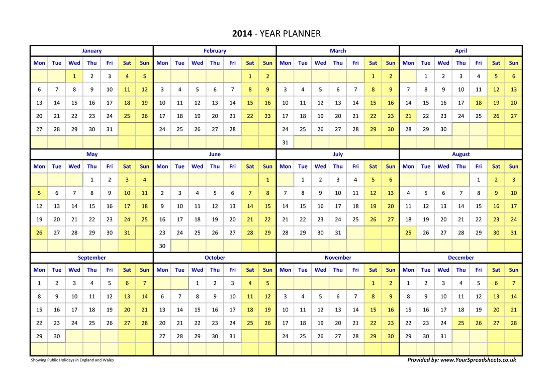Year Planner with European Style Calendar With Week Number For Excel