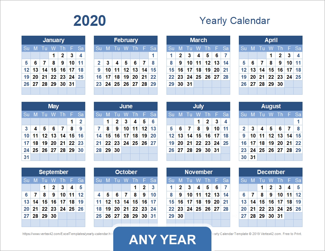 Yearly Calendar Template For 2020 And Beyond intended for Excel Formula For 2020 Year