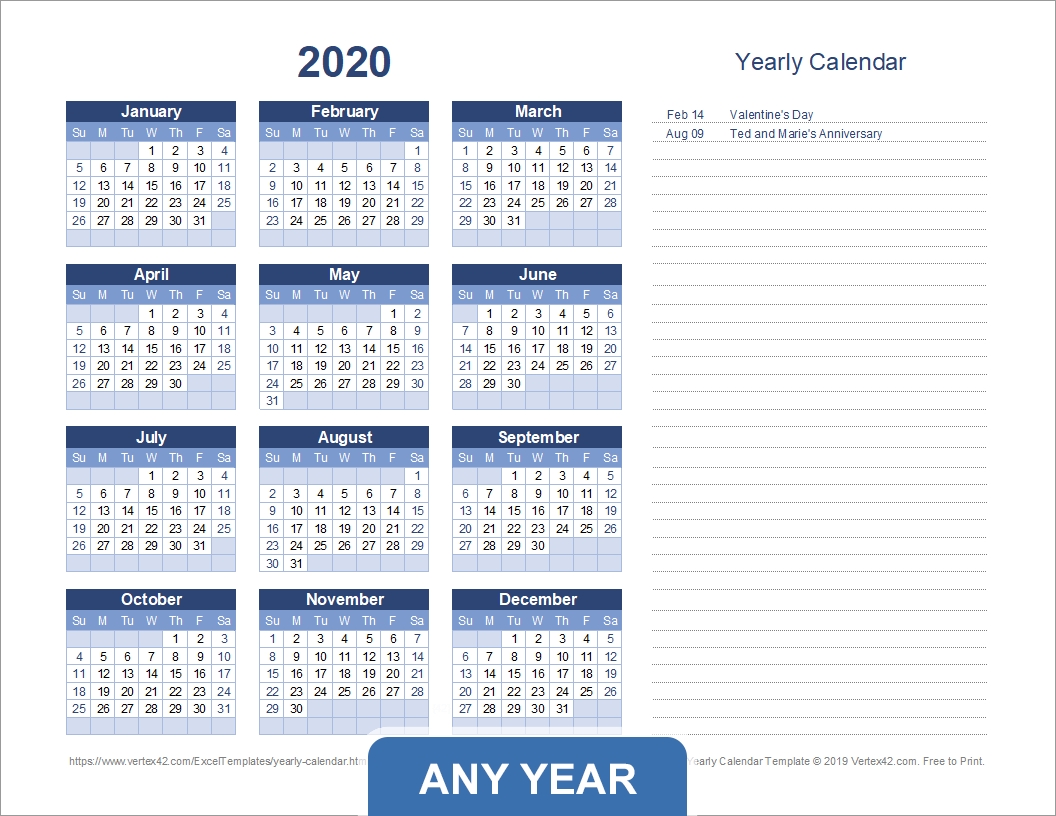 Yearly Calendar Template For 2020 And Beyond pertaining to Calander At A Glance 2020 Excel