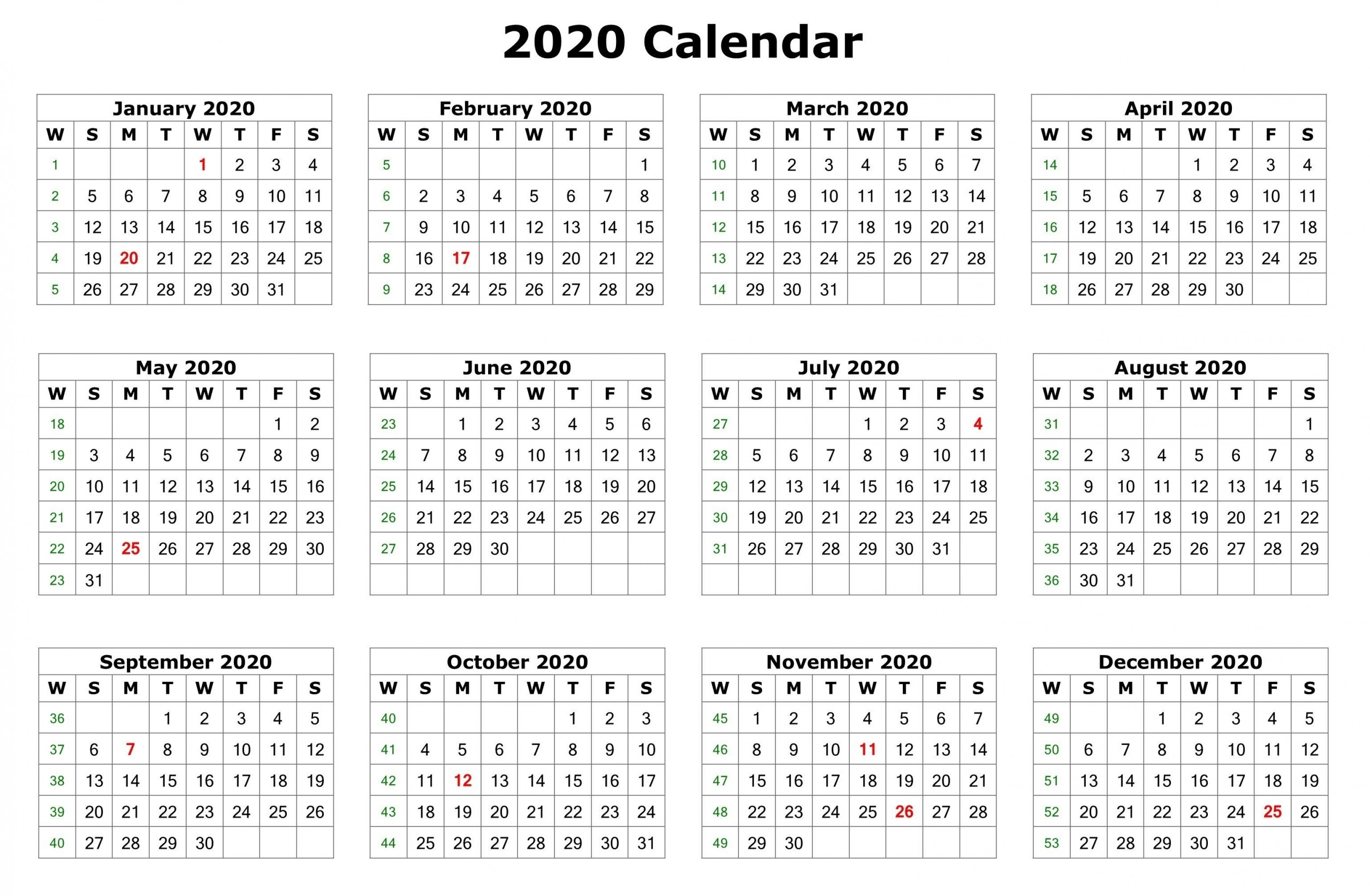 12 Month Calendar 2020 Printable With Holidays | Monthly with Free 2020 Monthly Calendar 11X17 Printable