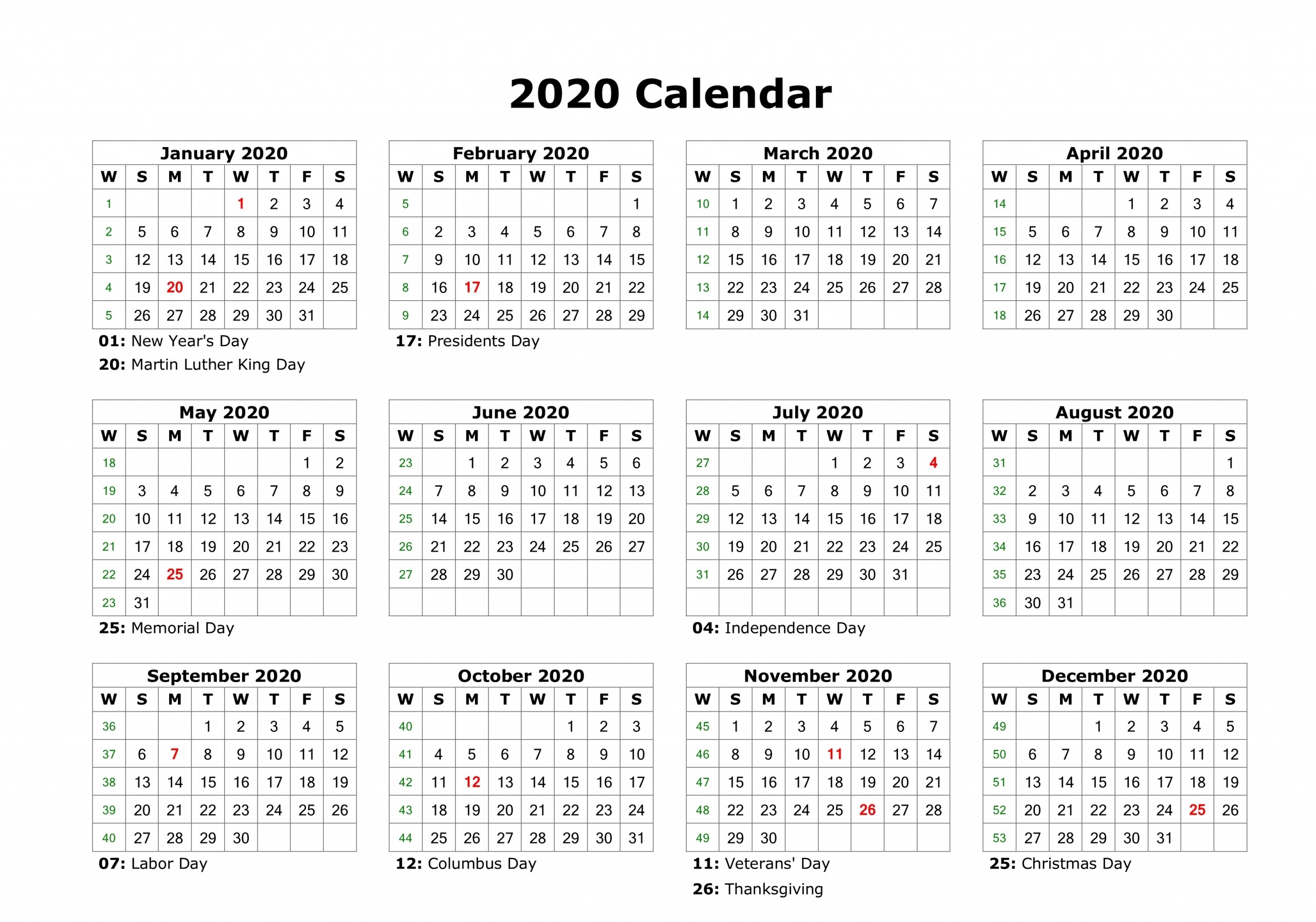 12 Month Calendar 2020 Printable With Holidays | Monthly within Free 2020 Monthly Calendar 11X17 Printable