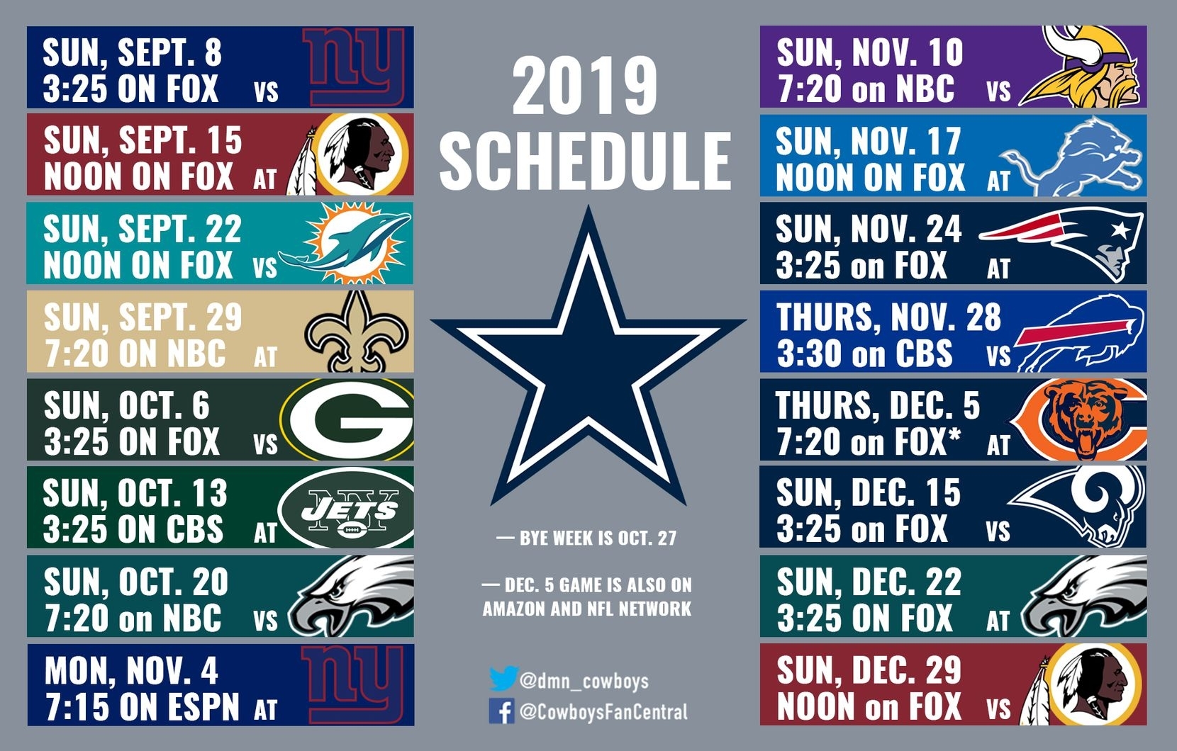 2019 Cowboys Schedule: Dallas Hosts Giants In Opener inside Nfl 2019-2020 Nfl Printable Schedule