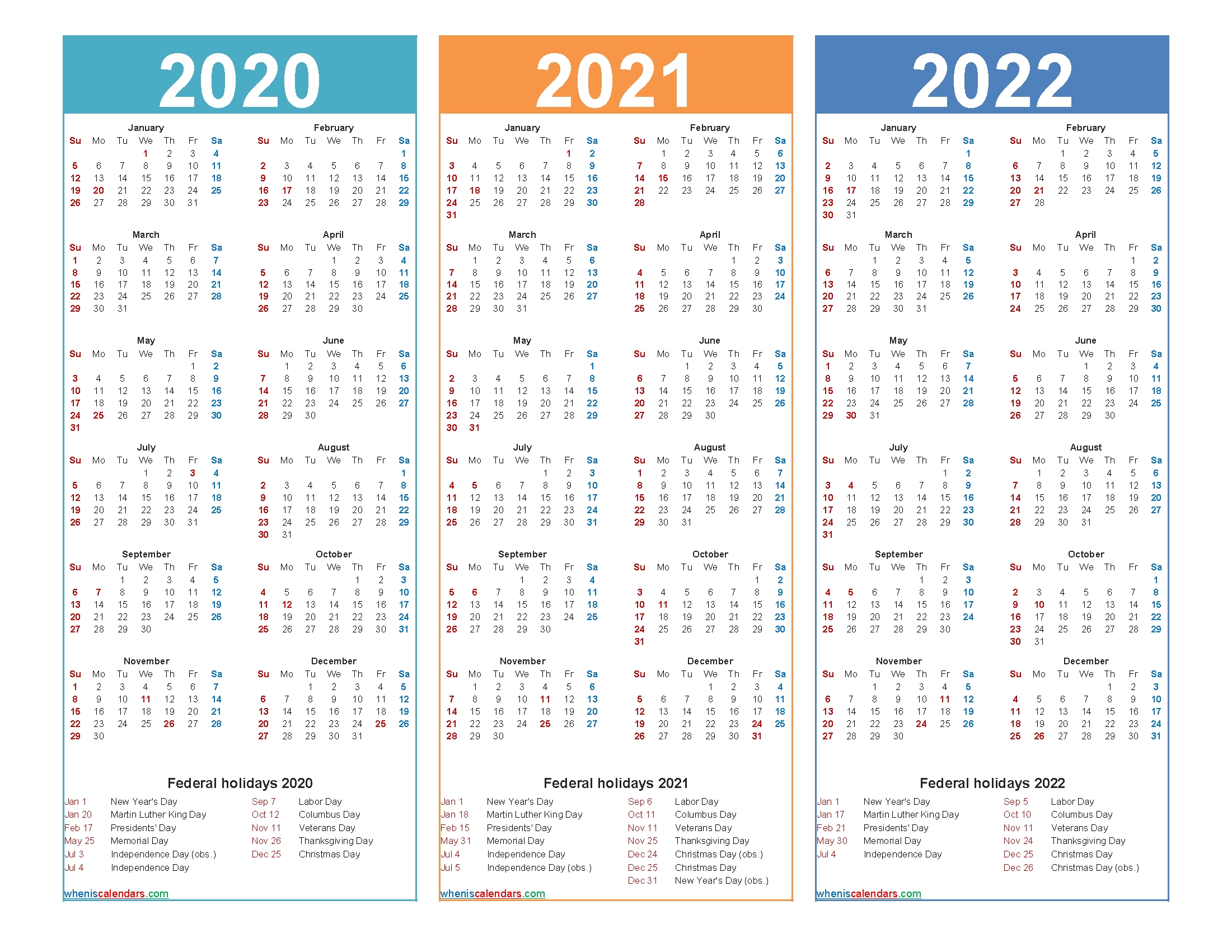 Calendars In 2020 2021 And 2022