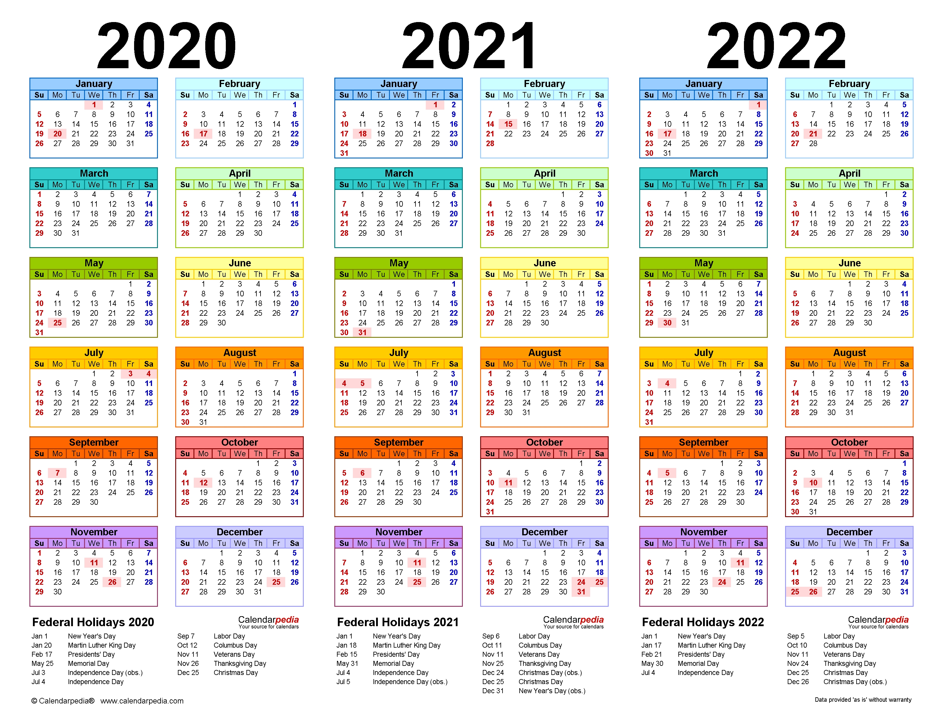 2020 2021 2022 2023 Calendar Printable One Page Calendar With Three