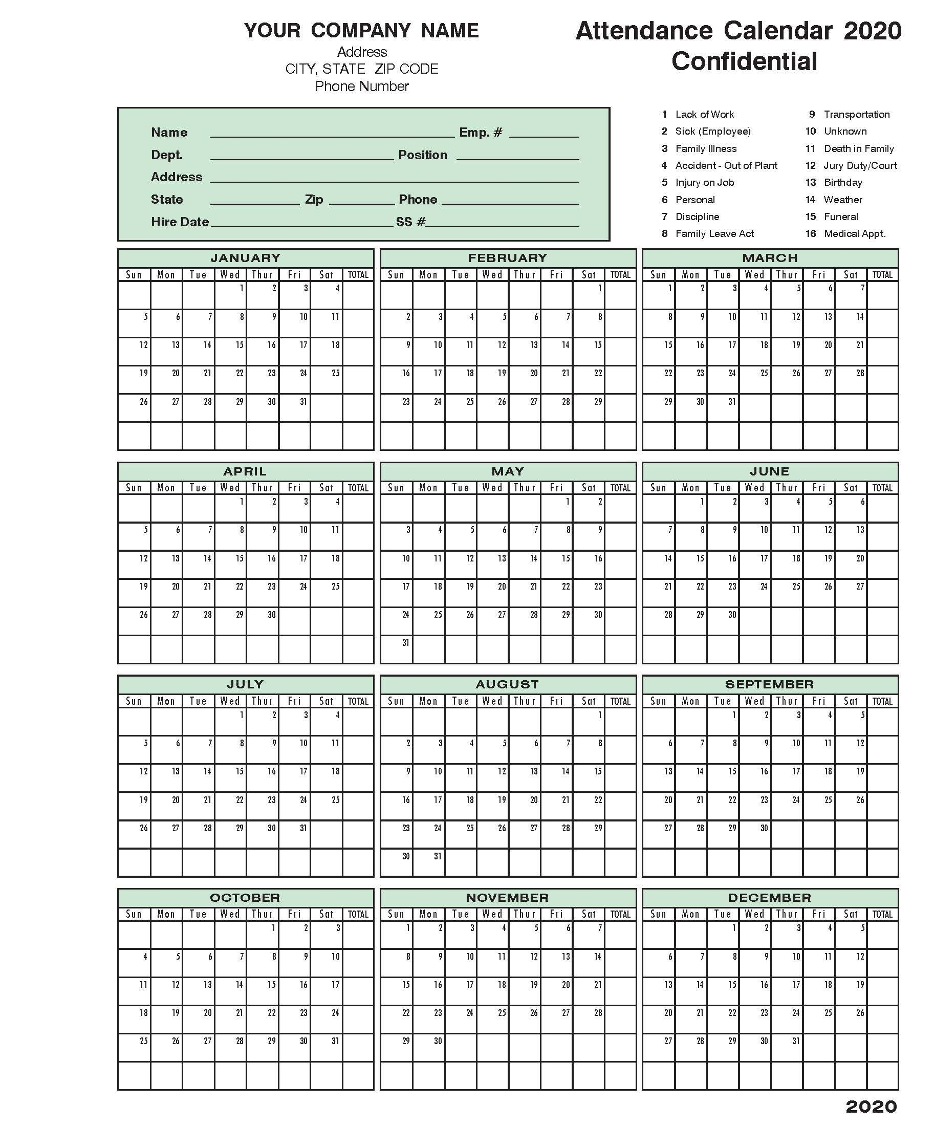 2020 Attendance Calendar In 2020 | Calendar 2020, Excel intended for Employeee Attendance Calendar For 2020