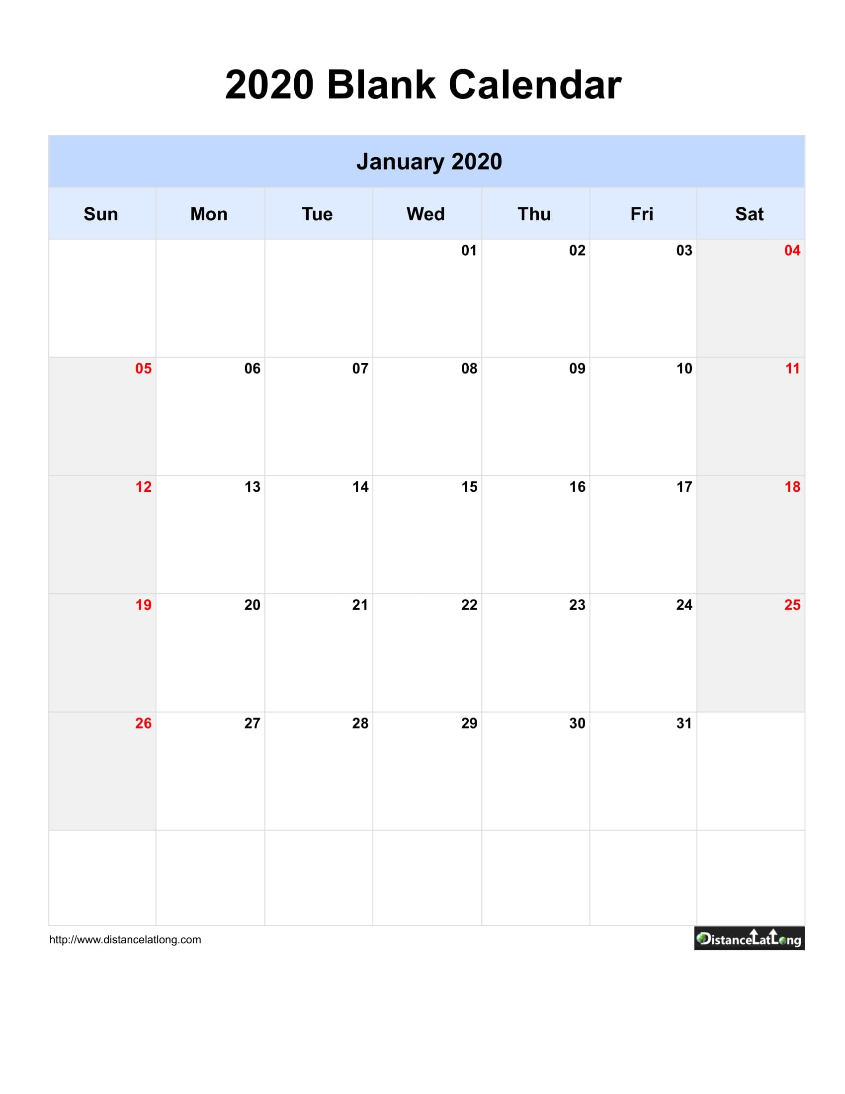 2020 Blank Calendar Blank Portrait Orientation Free throughout One Week Per Page 2020