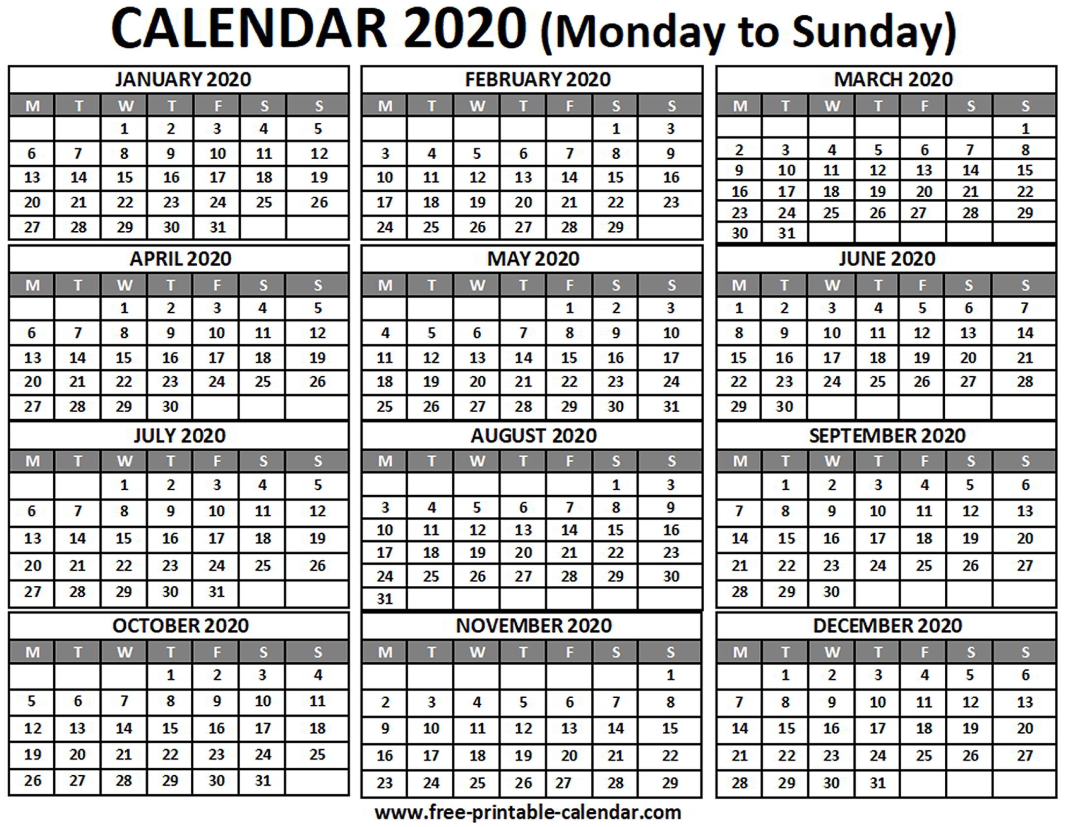 2020 Calendar - Free-Printable-Calendar inside 2020 Calendar Starting With Mondays