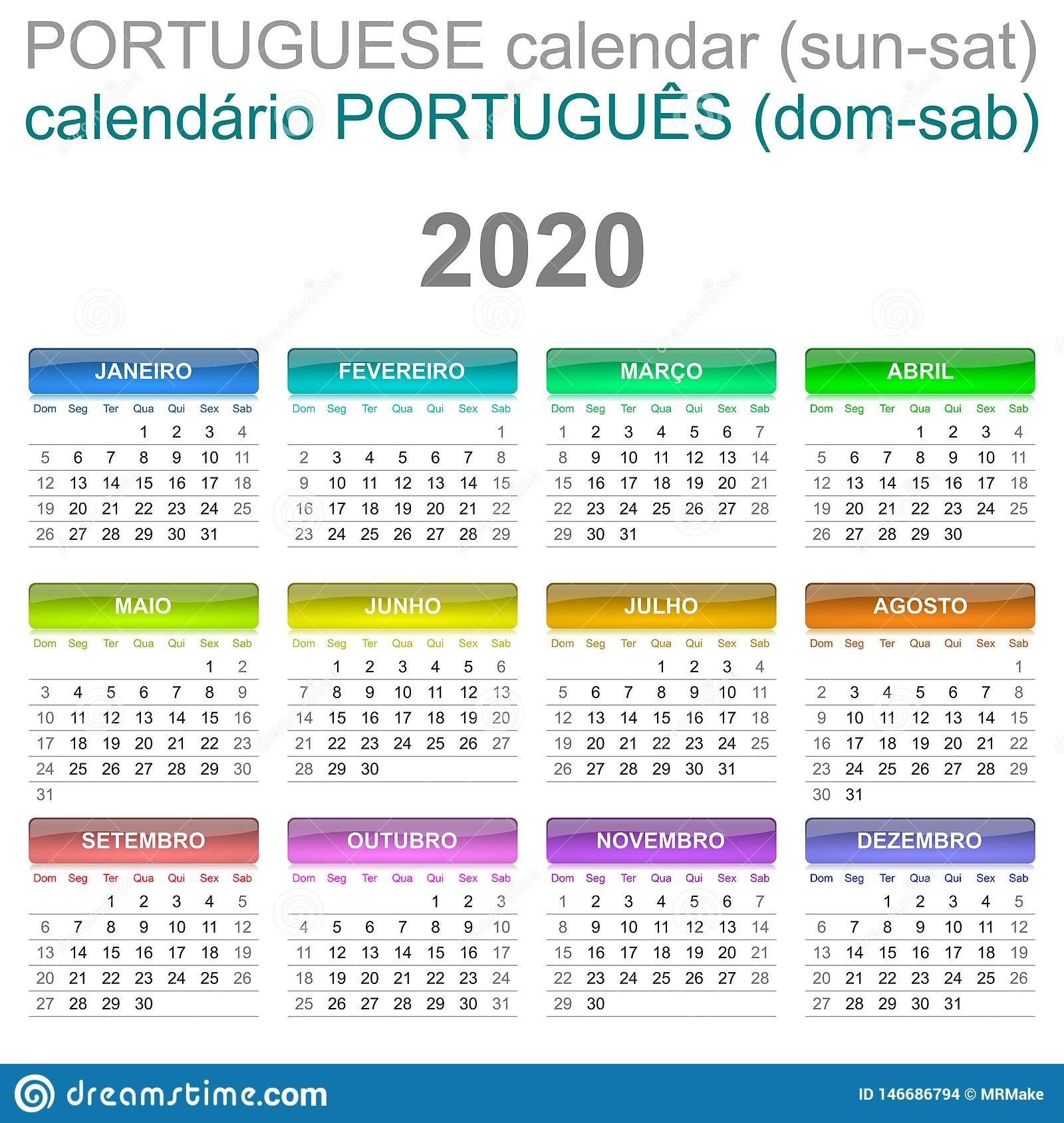 2020 Calendar Portuguese Language Sunday To Saturday Stock in Calendar Sunday To Saturday 2020