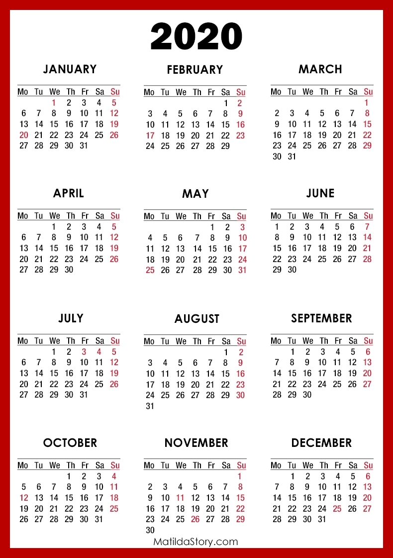 2020 Calendar With Holidays, Printable Free, Red – Monday in Free 2020 Calendar Monday Start