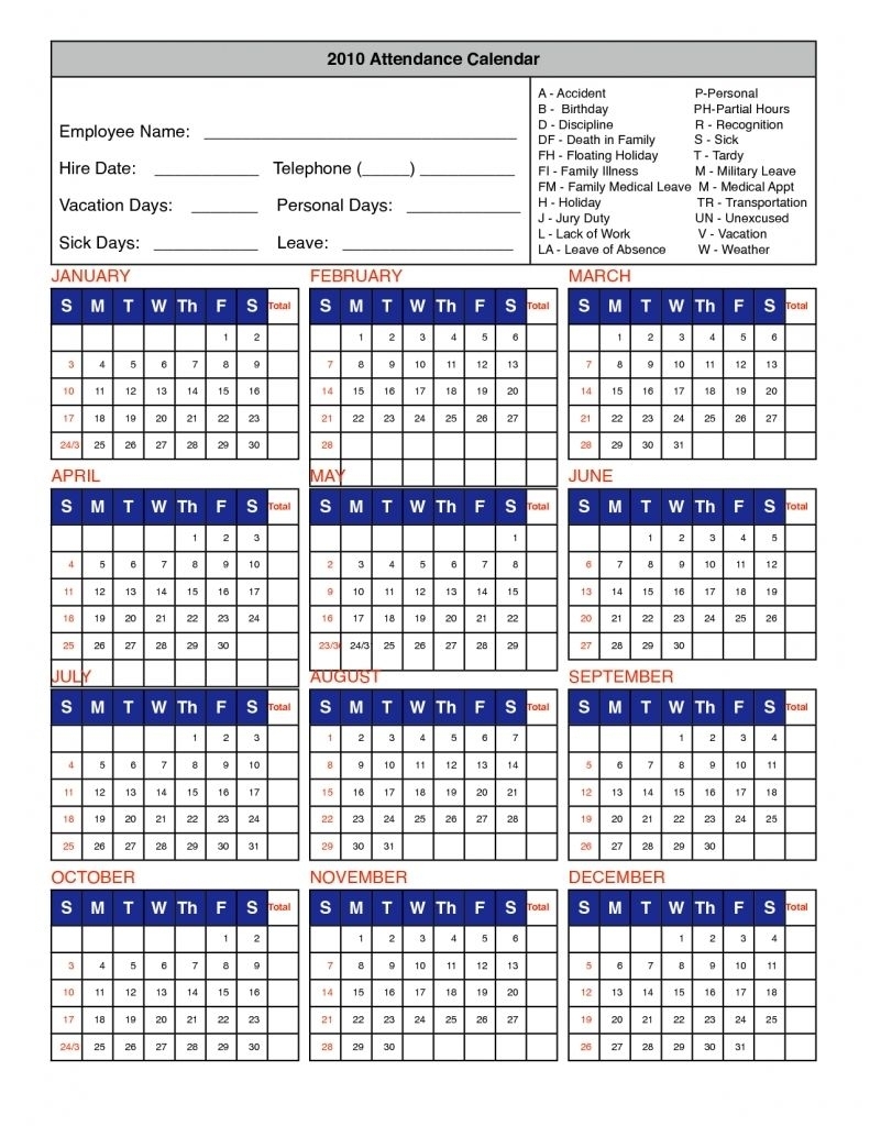 Employee Attendance Calendar 2020 Printable