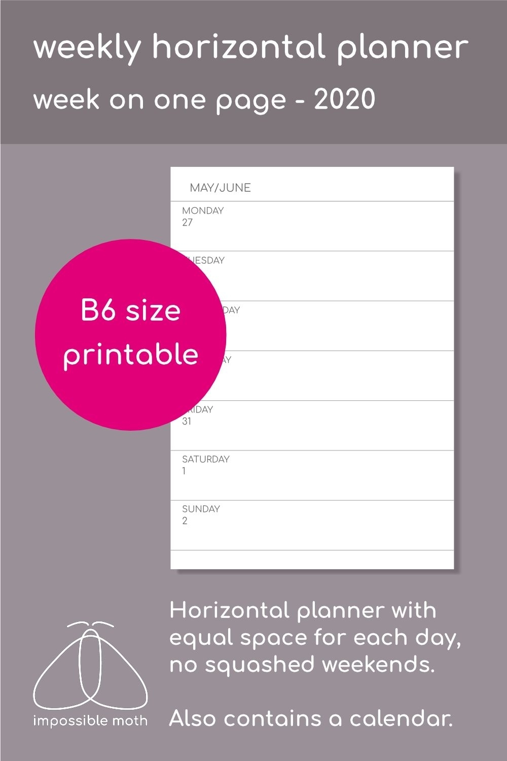 2020 Horizontal Weekly Planner On One Page - B6 Planner throughout One Week Per Page 2020