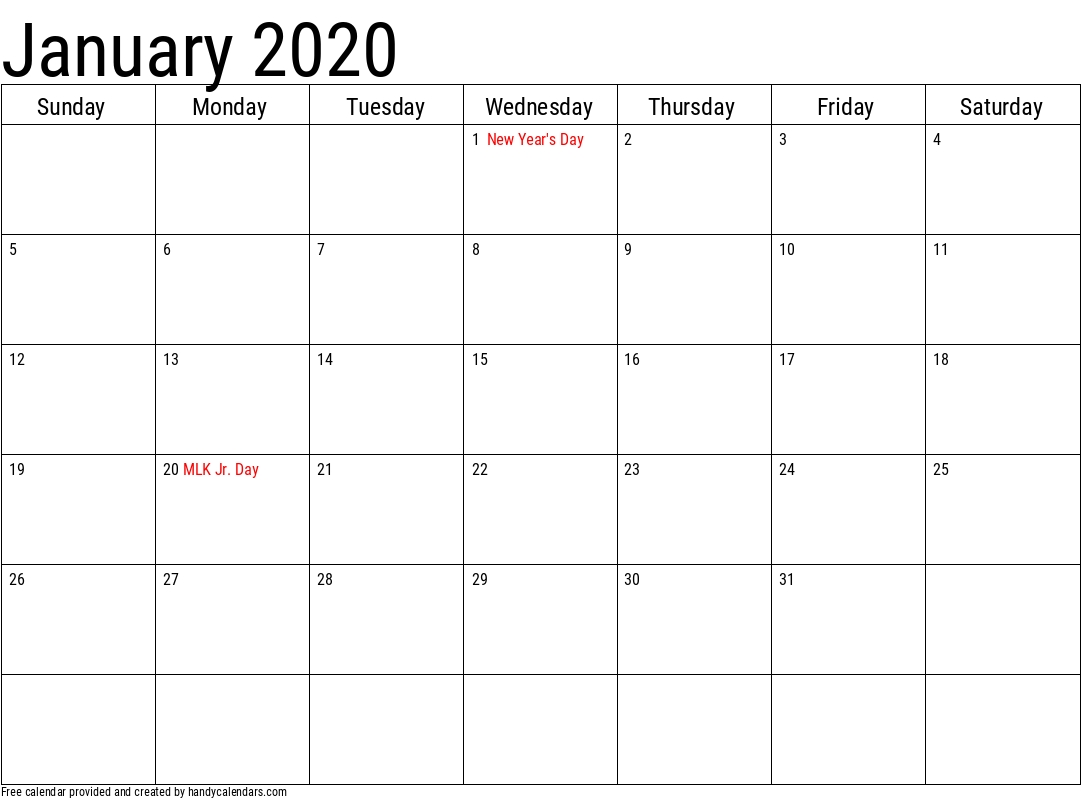 2020 January Calendars - Handy Calendars throughout Calendar Sunday To Saturday 2020