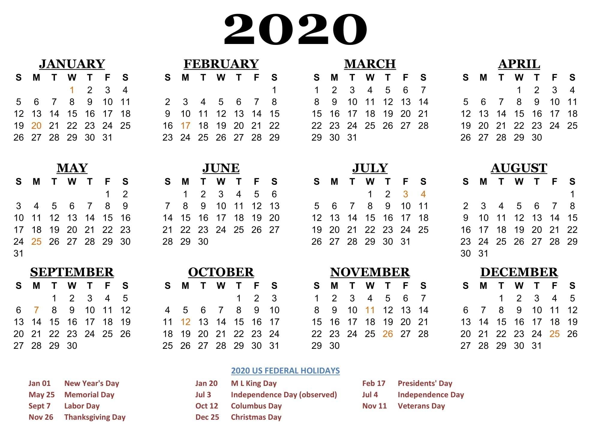 2020 One Page Calendar Printable Download | Calendarbuzz throughout 2020 Calendar Year To A Page