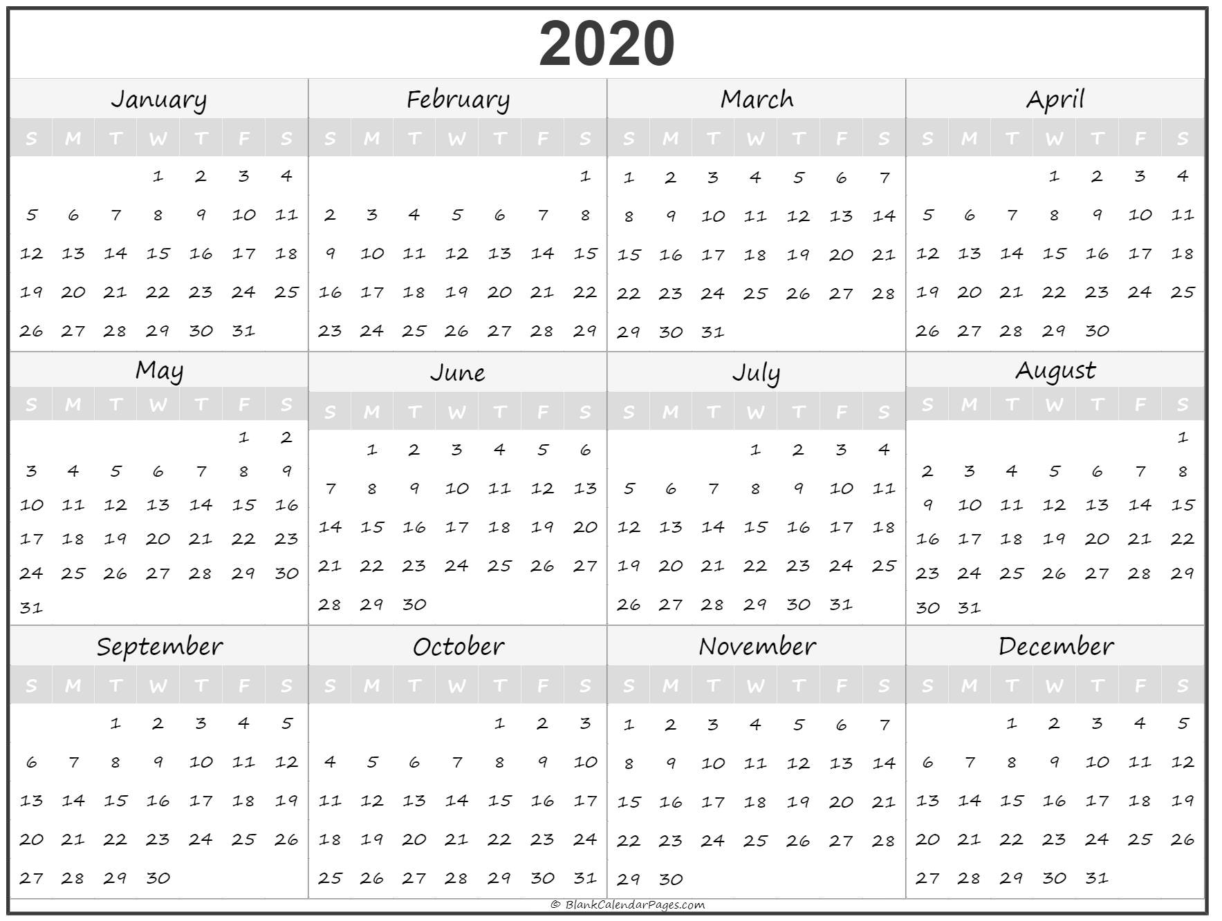 2020 Year Calendar | Yearly Printable within 2020 Calendar Year To A Page