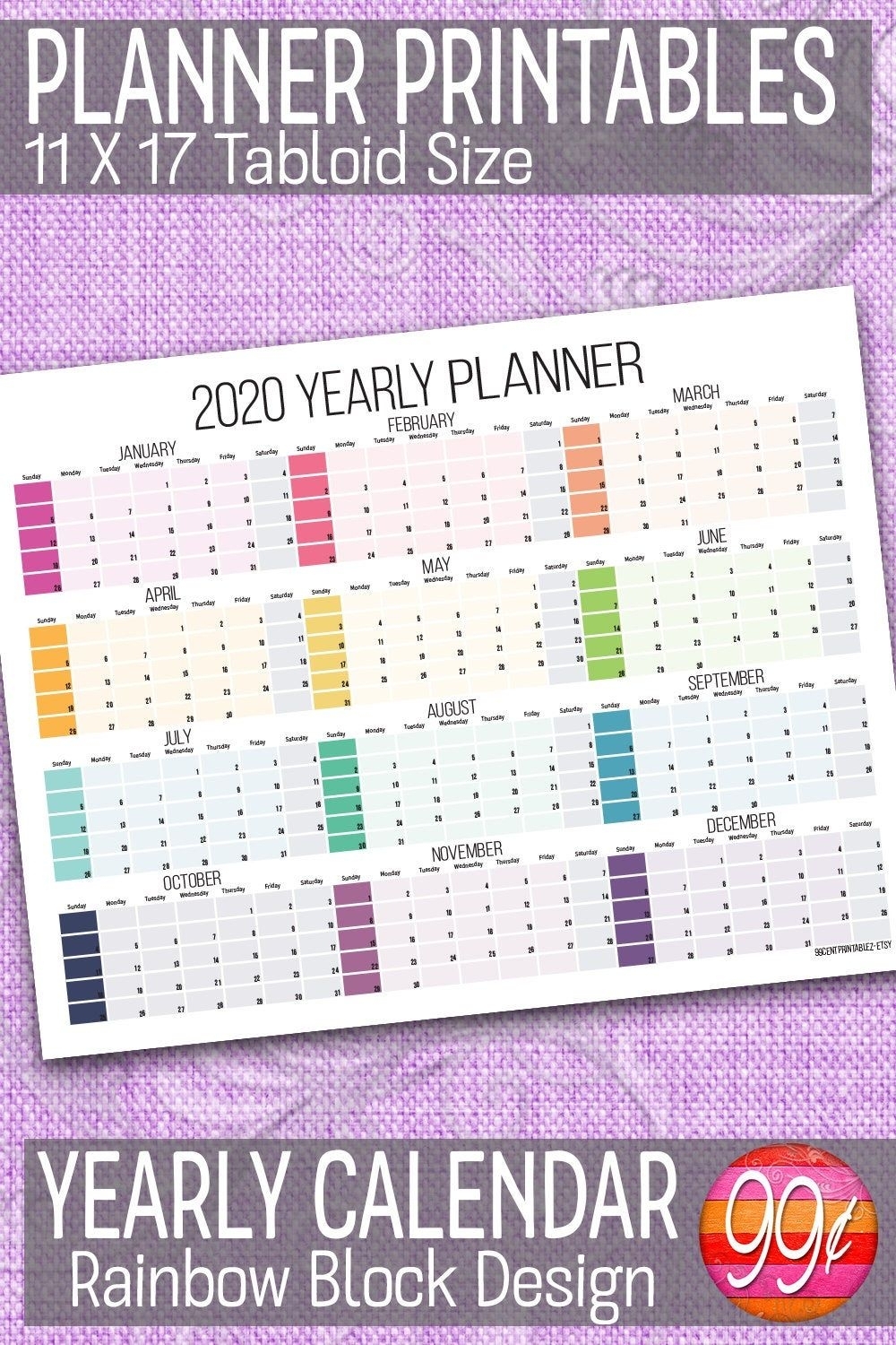 2020 Yearly Calendar 11X17 Printable Color Block Wall | Etsy within Free 2020 Monthly Calendar 11X17 Printable