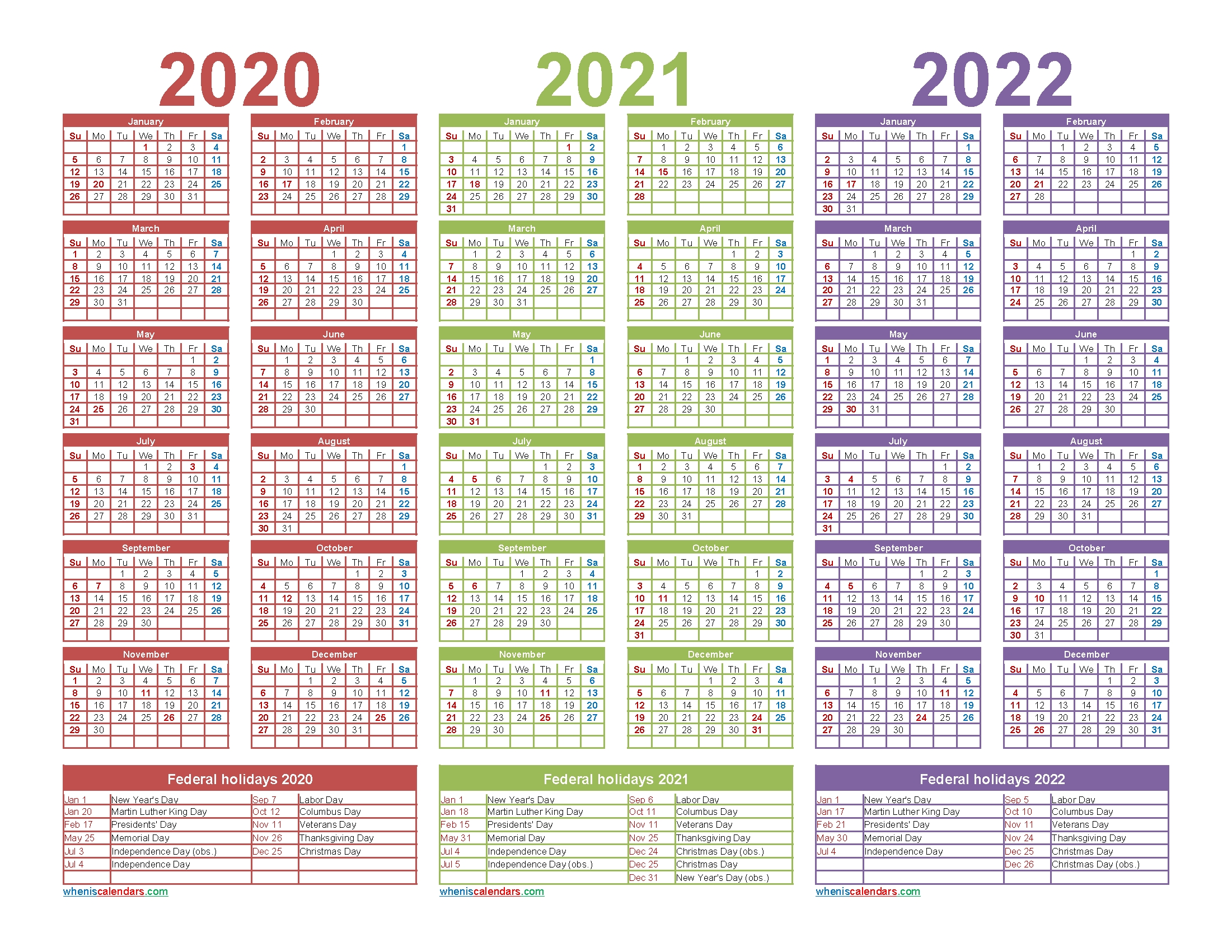 3 Year Calendar 2020 To 2022 Printable | Free Printable 2020 with Calendars In 2020 2021 And 2022