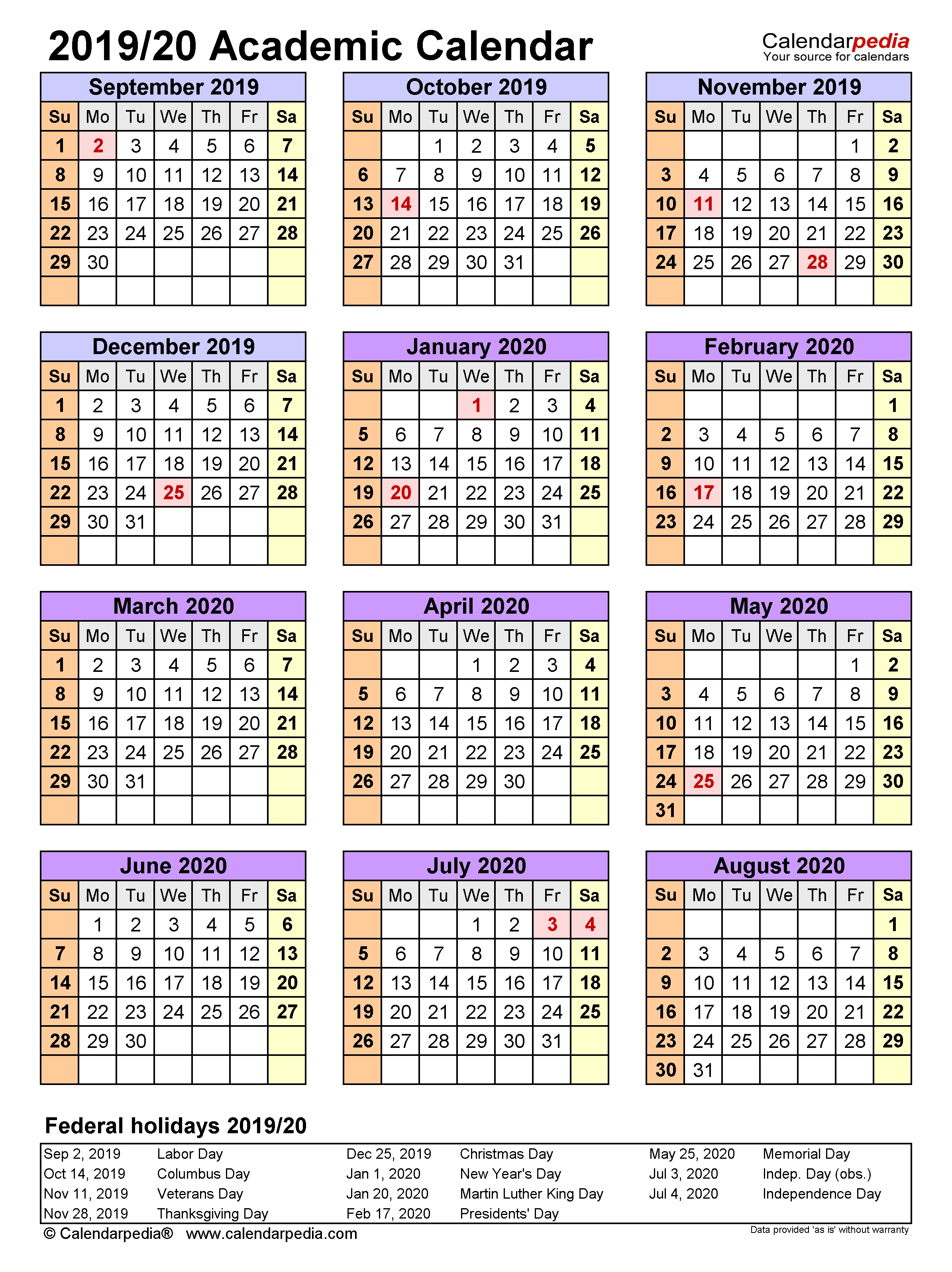 Academic Calendars 2019/2020 - Free Printable Word Templates with regard to U Of T 2020-2021 Academic Calendar