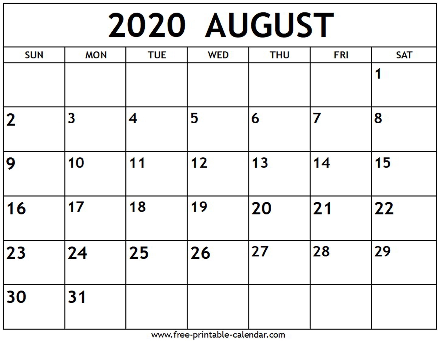August 2020 Calendar - Free-Printable-Calendar regarding Printable Fill In 2020 Calndar