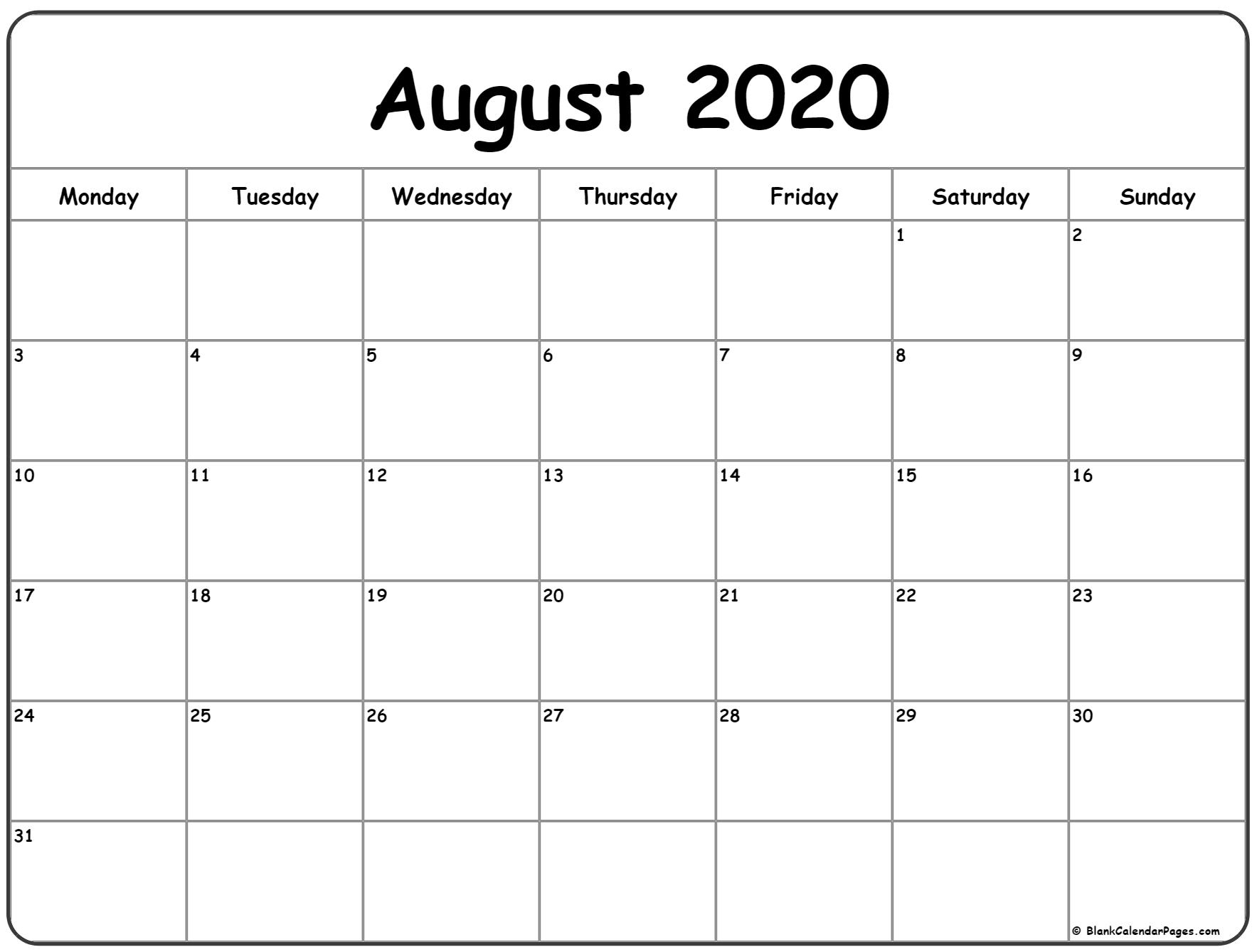 August 2020 Monday Calendar | Monday To Sunday pertaining to 2020 Calendar Starting With Mondays