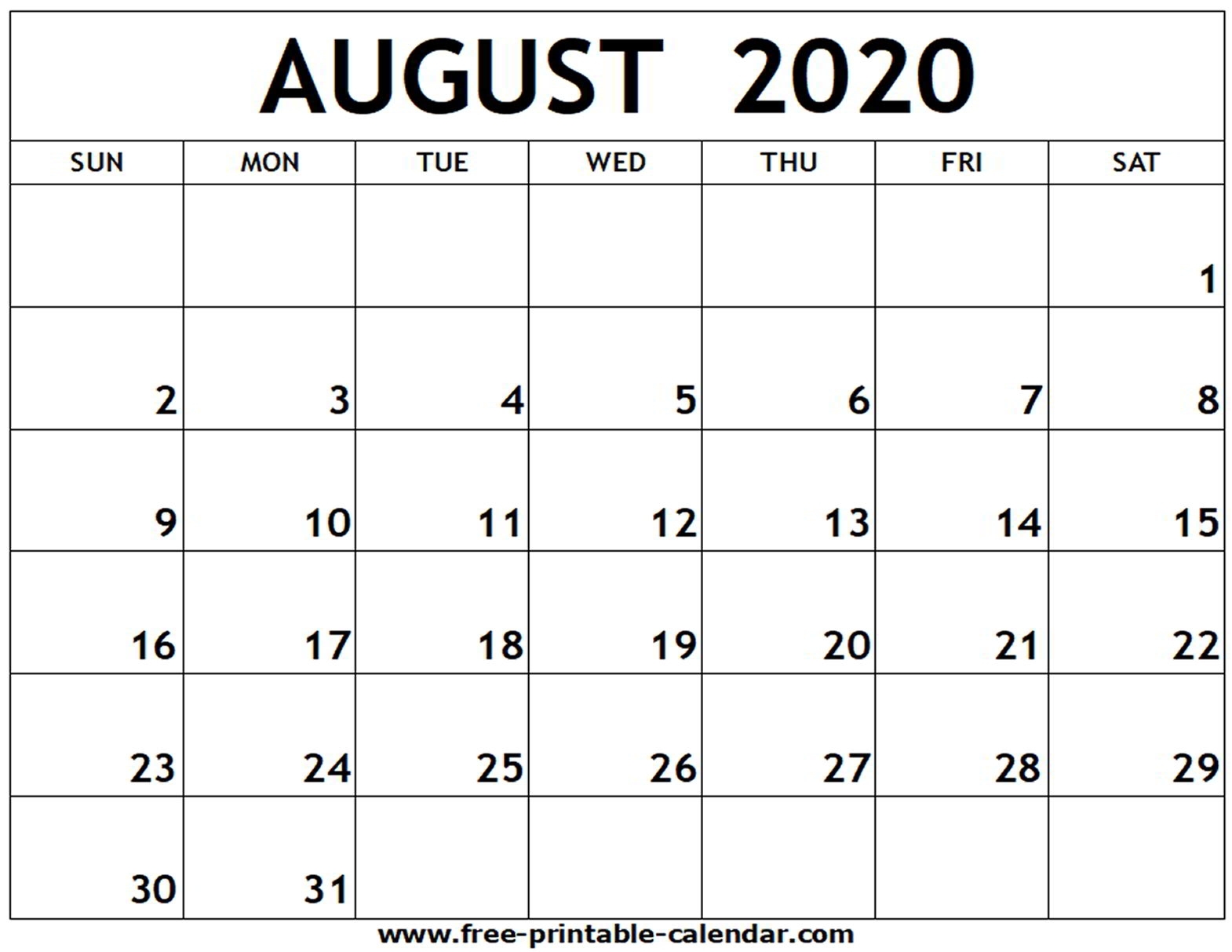August 2020 Printable Calendar - Free-Printable-Calendar for Printable Fill In 2020 Calndar