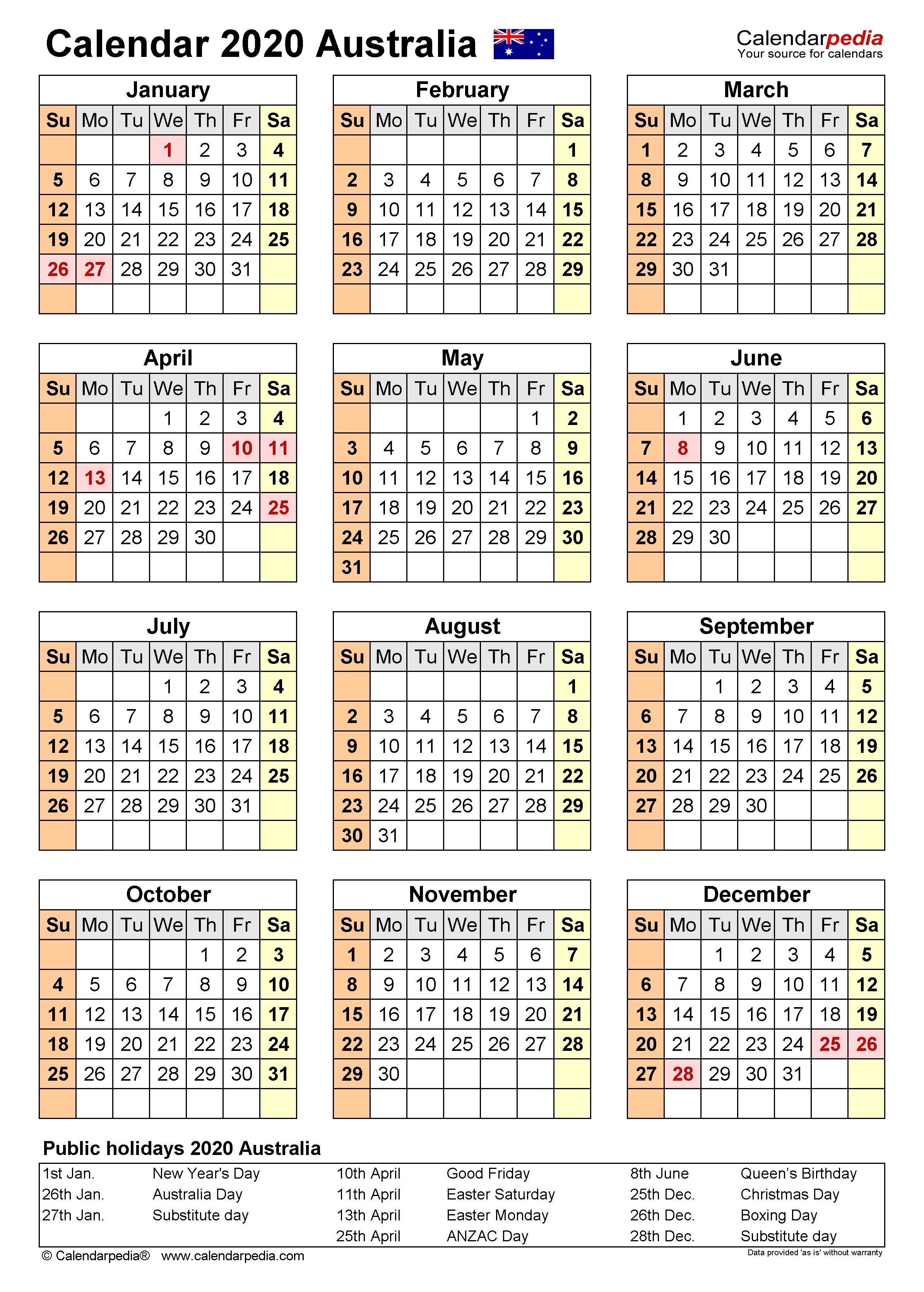 Australia Calendar 2020 - Free Printable Pdf Templates regarding One Week Per Page 2020