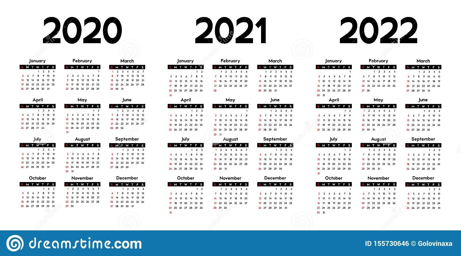 Calendar 2020, 2021 And 2022, Week Starts On Sunday Stock throughout Calendars In 2020 2021 And 2022