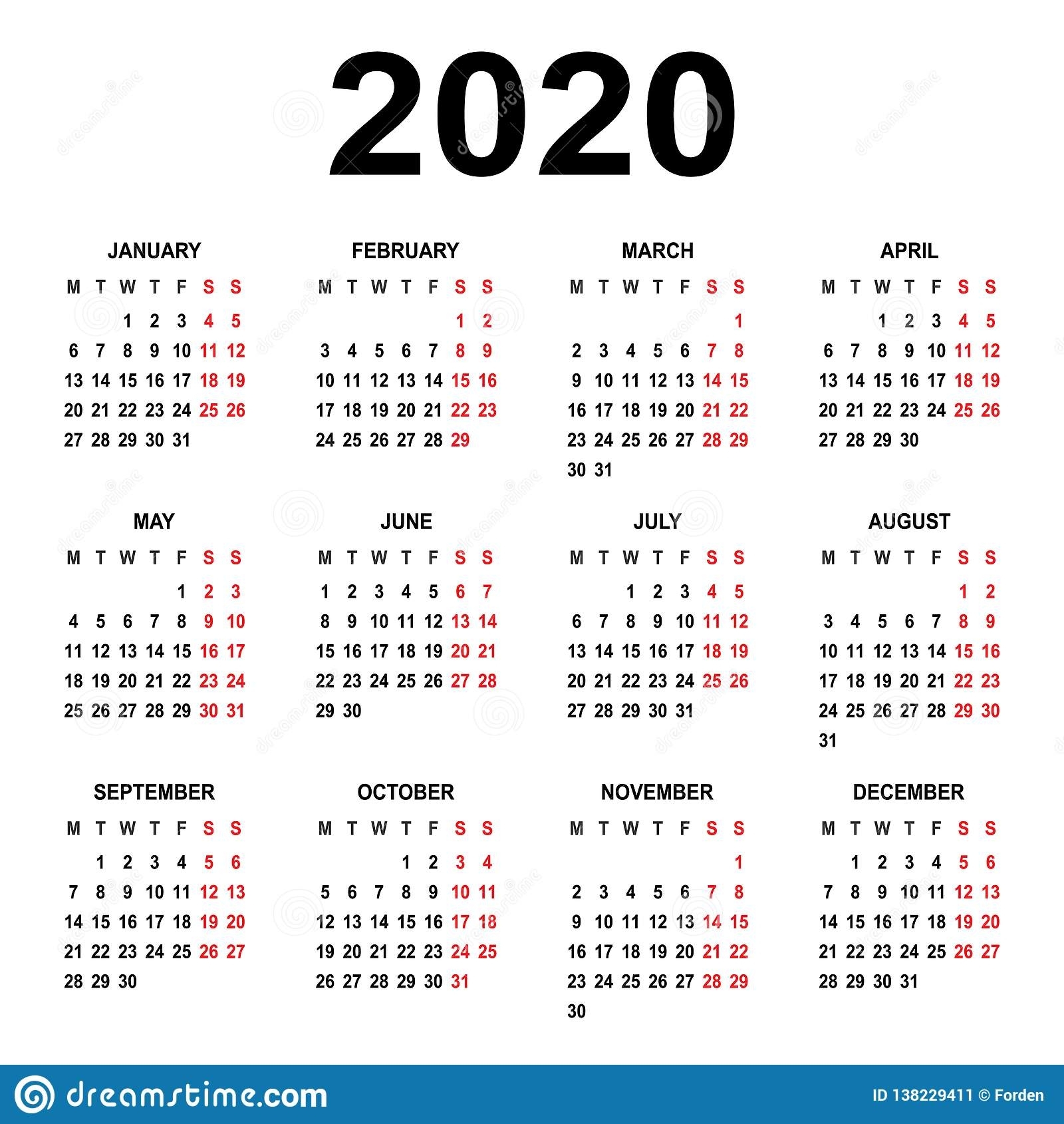 Calendar 2020. Week Starts On Monday. Basic Grid Stock intended for Free 2020 Calendar Monday Start