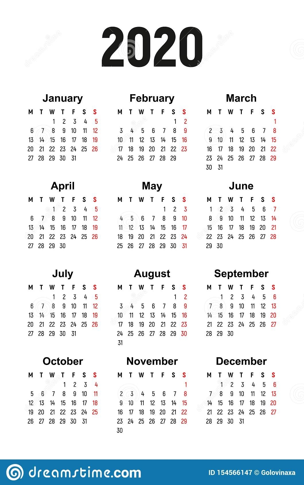 Calendar 2020, Week Starts On Monday Stock Vector for 2020 Calendar Starts On Monday