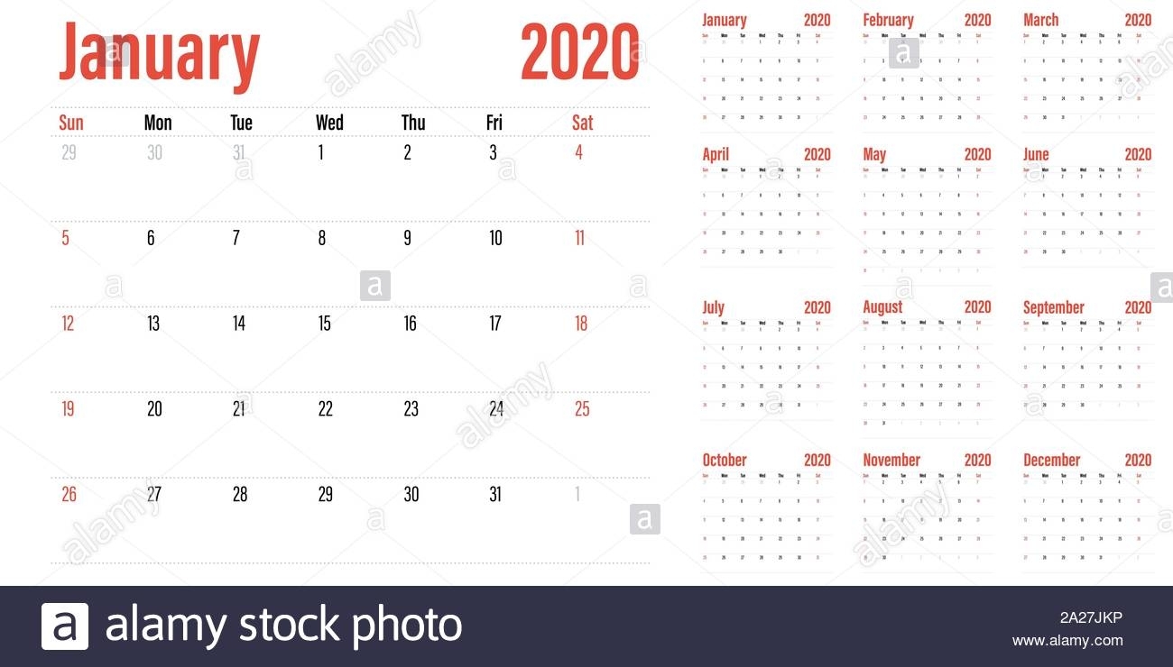 Calendar Planner 2020 Template Vector Illustration All 12 throughout Calendar Sunday To Saturday 2020