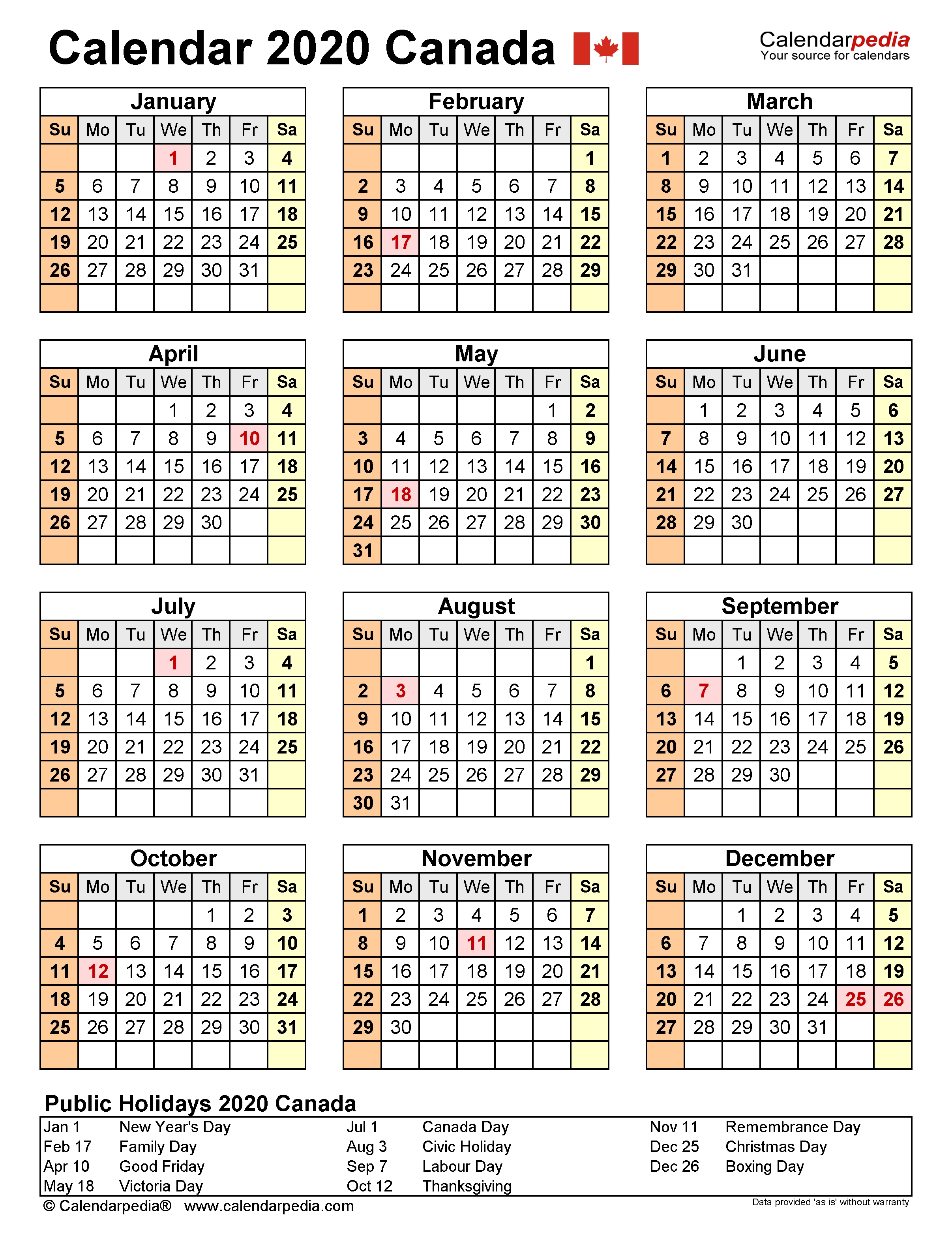 Canada Calendar 2020 - Free Printable Excel Templates pertaining to 2020 Federal Calendar With Pay Periods