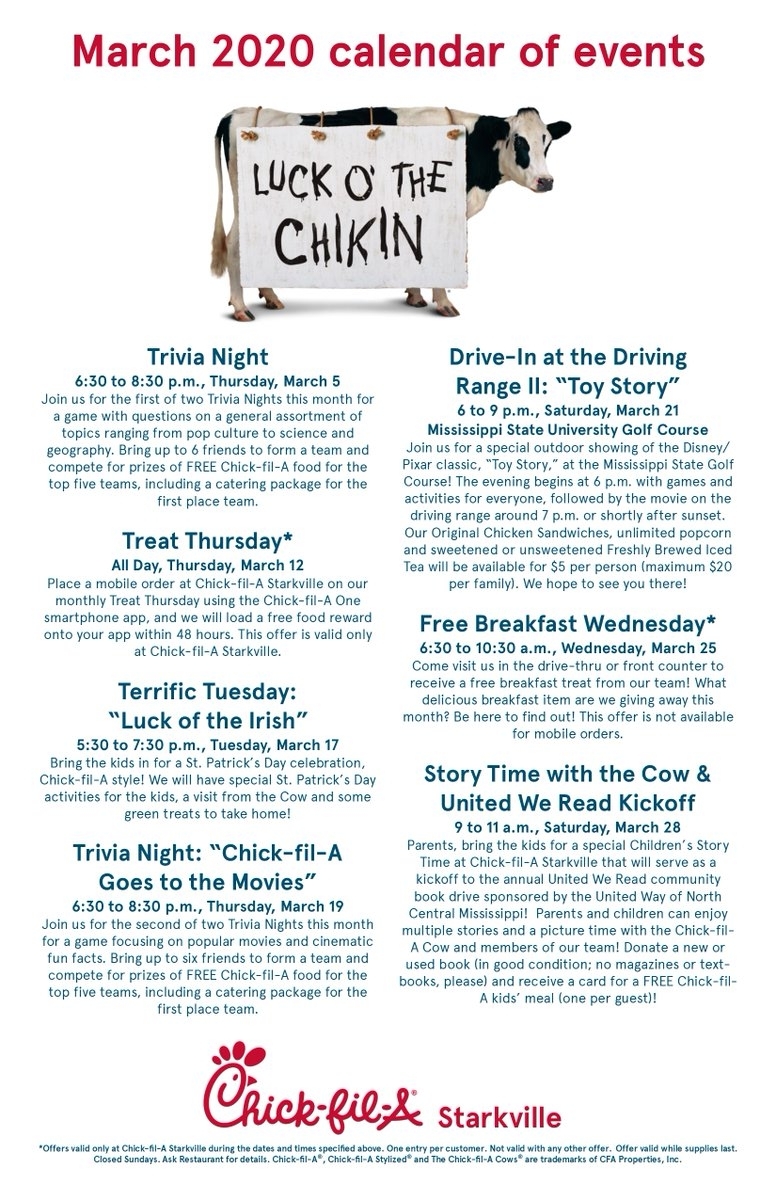 Chick-Fil-A Starkville On Twitter: &quot;happy March! Here Is Our inside Chick Fil A Monthly Calendar 2020