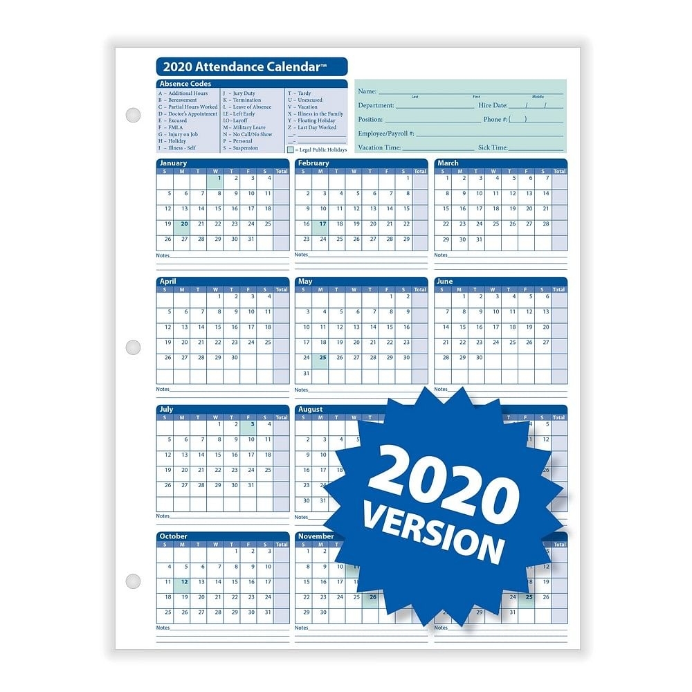 Complyright 2020 Attendance Calendar, White, 8-1/2&quot; X 11&quot; - 50 Per Pack inside Employeee Attendance Calendar For 2020