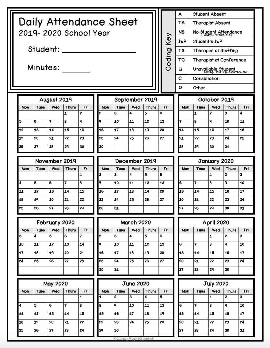 Daily Attendance Sheet: 2019-2020 School Year | Attendance intended for Free Employee Attendance Calendar 2020