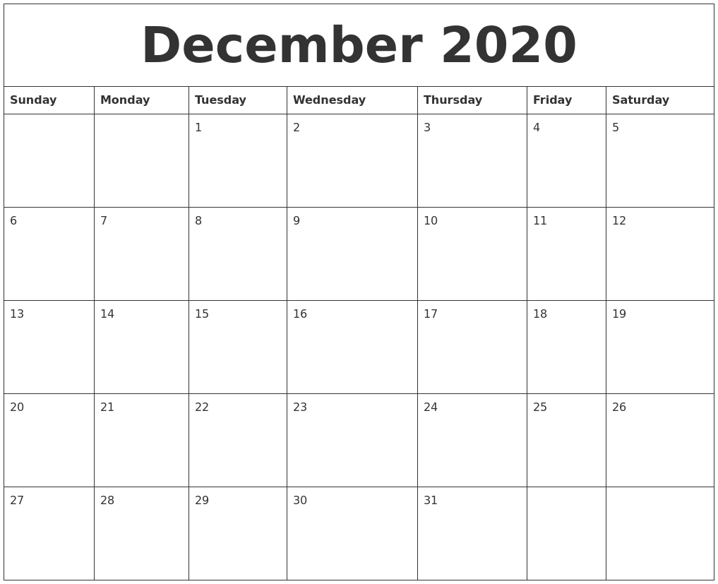 December 2020 Calendar inside Calendar Sunday To Saturday 2020