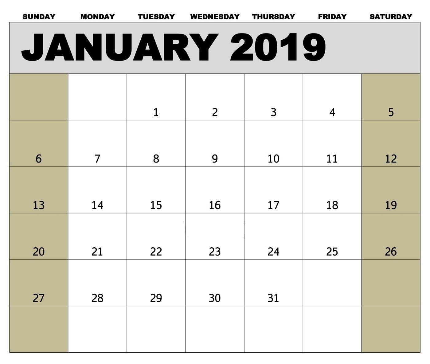 Editable January 2019 Calendar Template #januarycalendar for Federal Pay Period Calendar For 2020