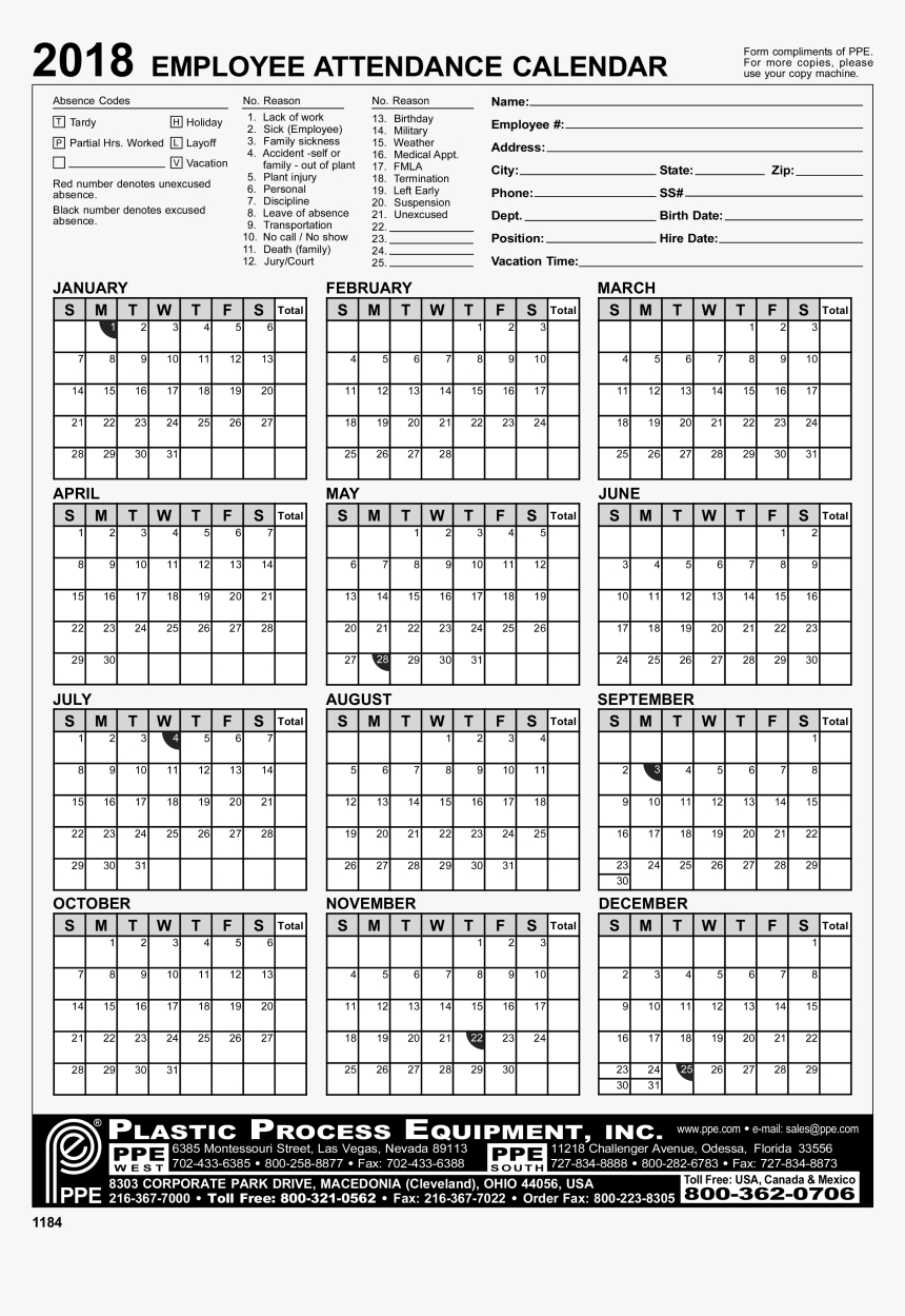 Plastic Process Equipment Attendance Calendar Melba Kailey