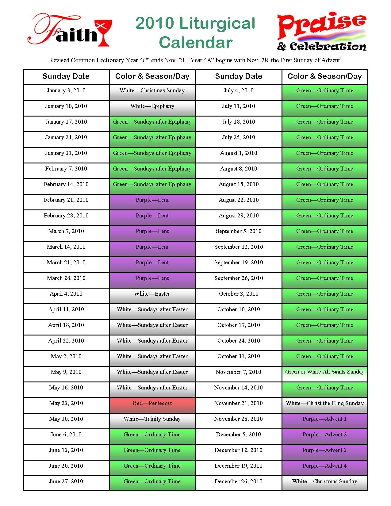 Liturgical Calender Printable Version Catholic - Calendar ...