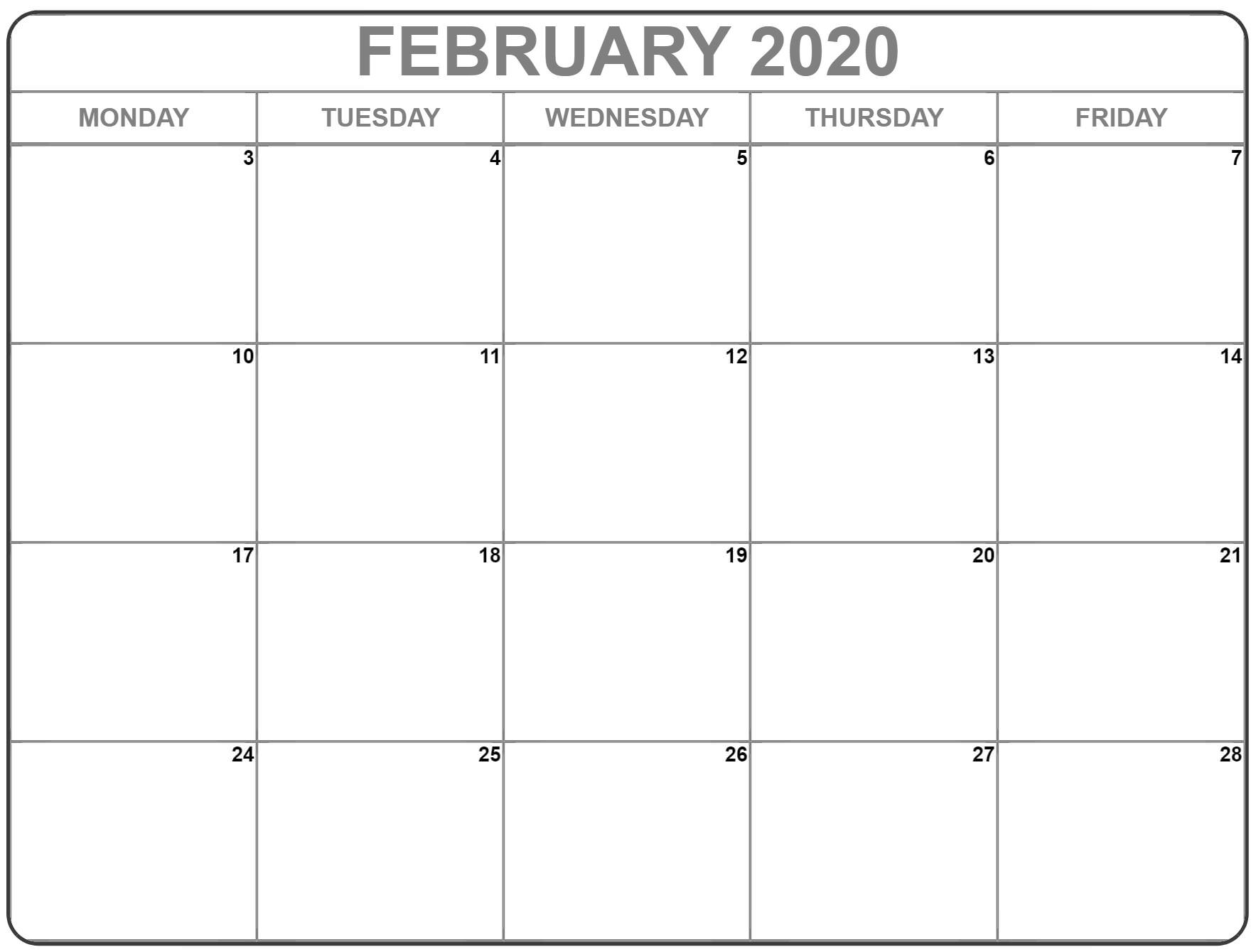 February 2020 Monday Calendar | Monday To Sunday in Monday Thru Friday Calendar 2020 Printable