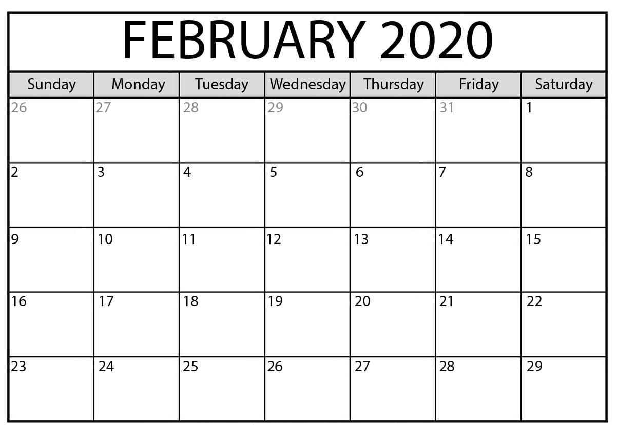 February 2020 Printable Blank Calendar Monthly Template In in Free Monthly Printable Calendar 2020