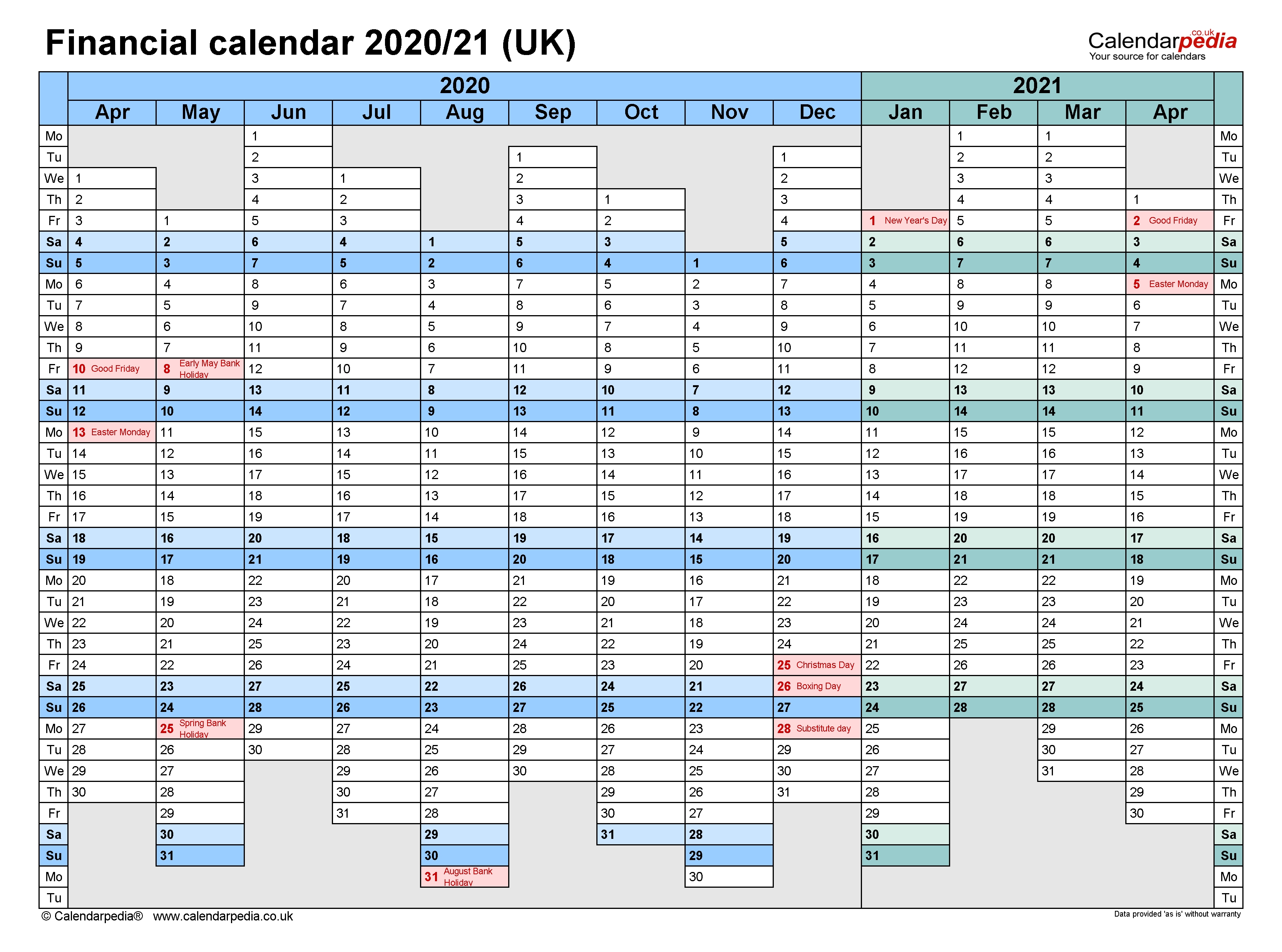 Financial Calendars 2020/21 (Uk) In Microsoft Excel Format within Financial Year Week Numbers 2020