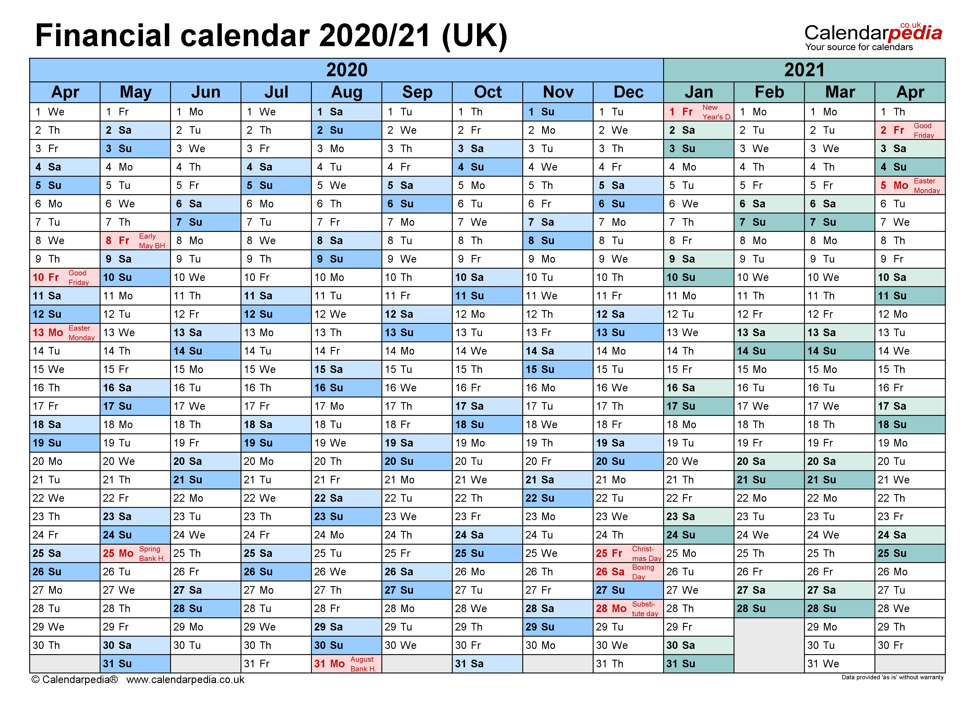 Financial Calendars 2020/21 (Uk) In Pdf Format pertaining to Financial Year Week Numbers 2020