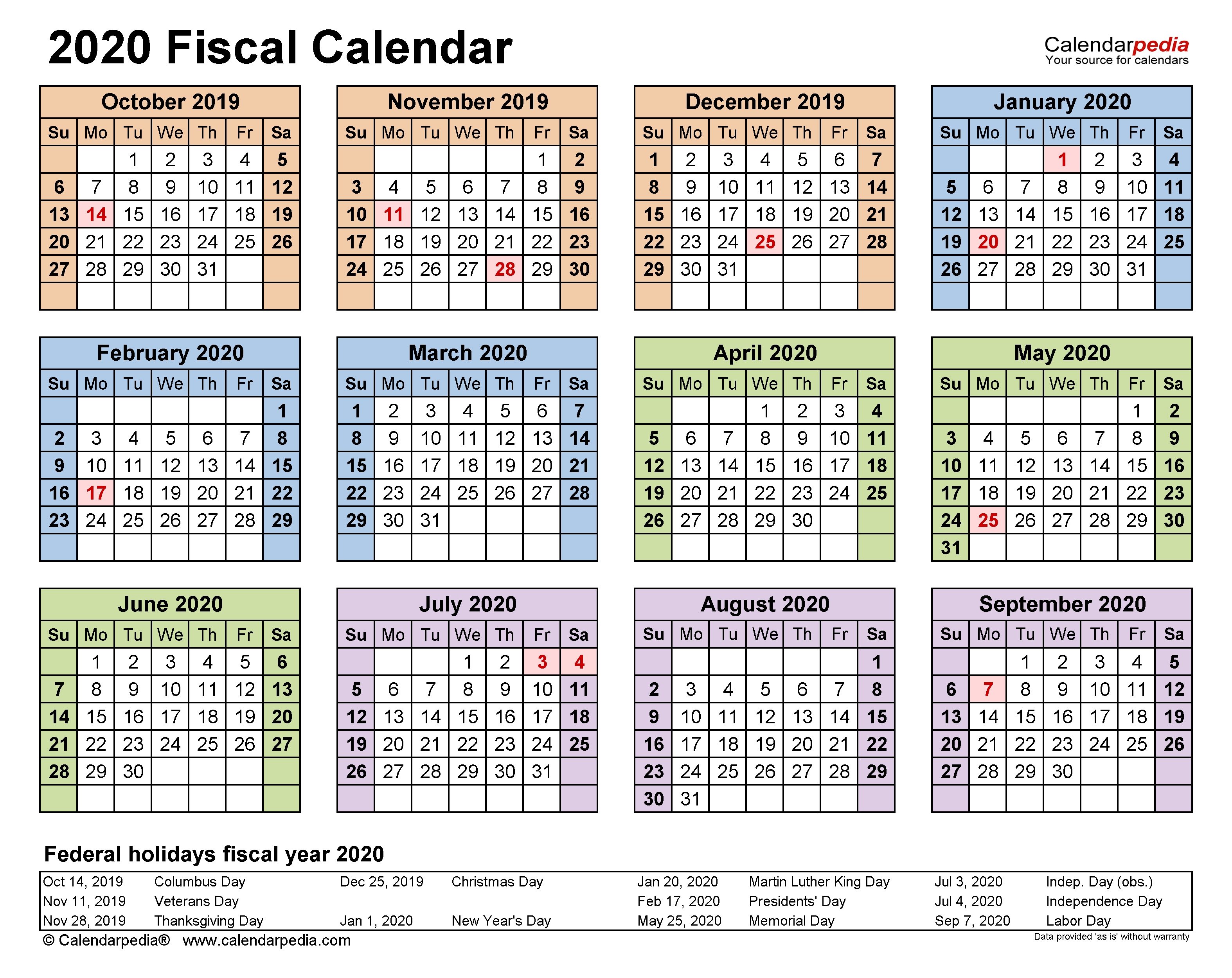 Fiscal Calendars 2020 - Free Printable Pdf Templates throughout Financial Year Calendar 2019 2020