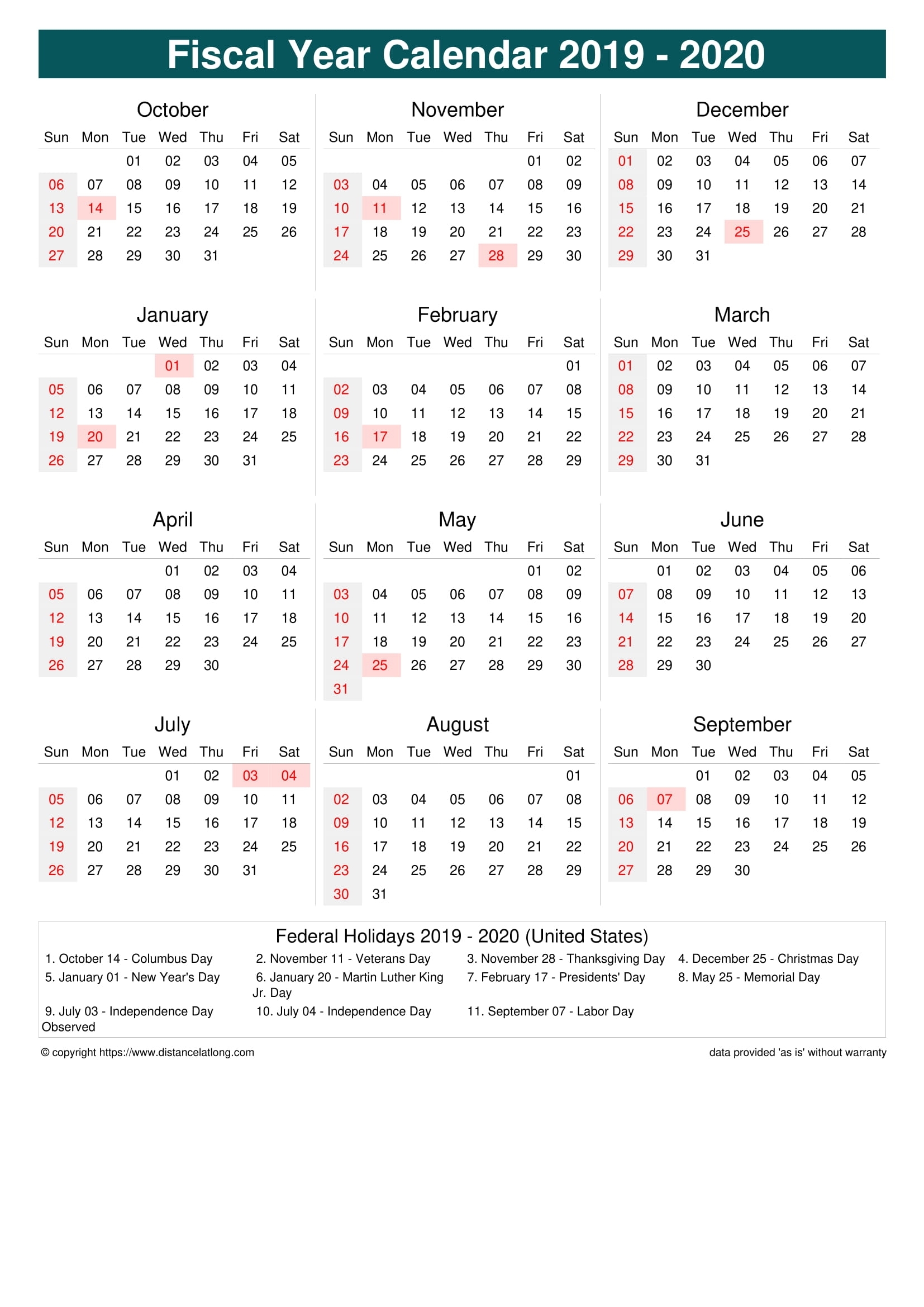 Fiscal Year 2019-2020 Calendar Templates, Free Printable regarding Calendar Sunday To Saturday 2020