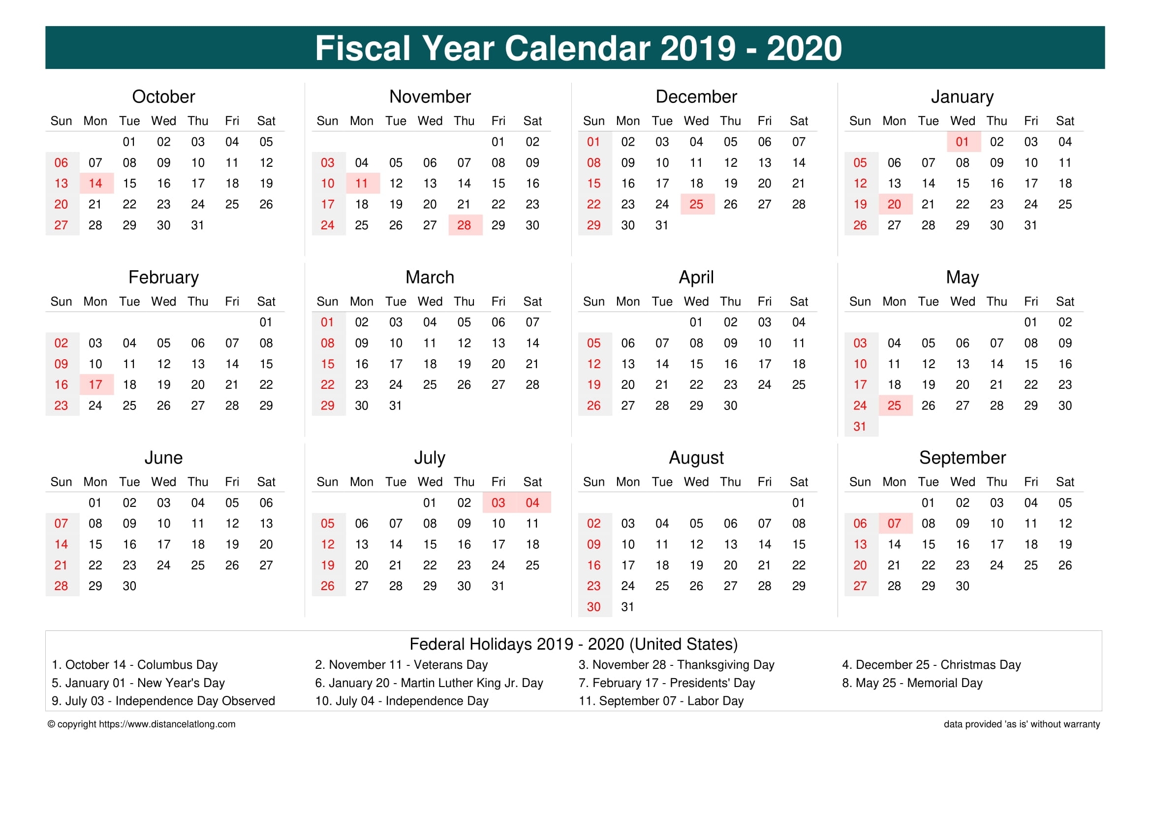 Fiscal Year 2019-2020 Calendar Templates, Free Printable with Week Numbers Fiscal Year 2019-2020